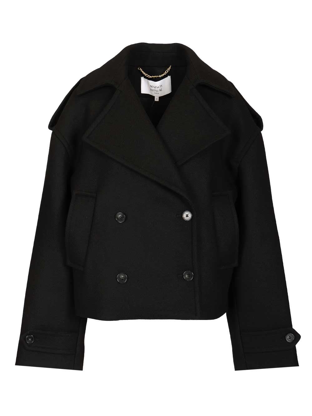 Maison Kitsuné Double-breasted Coat Featuring Flap Pockets In Black
