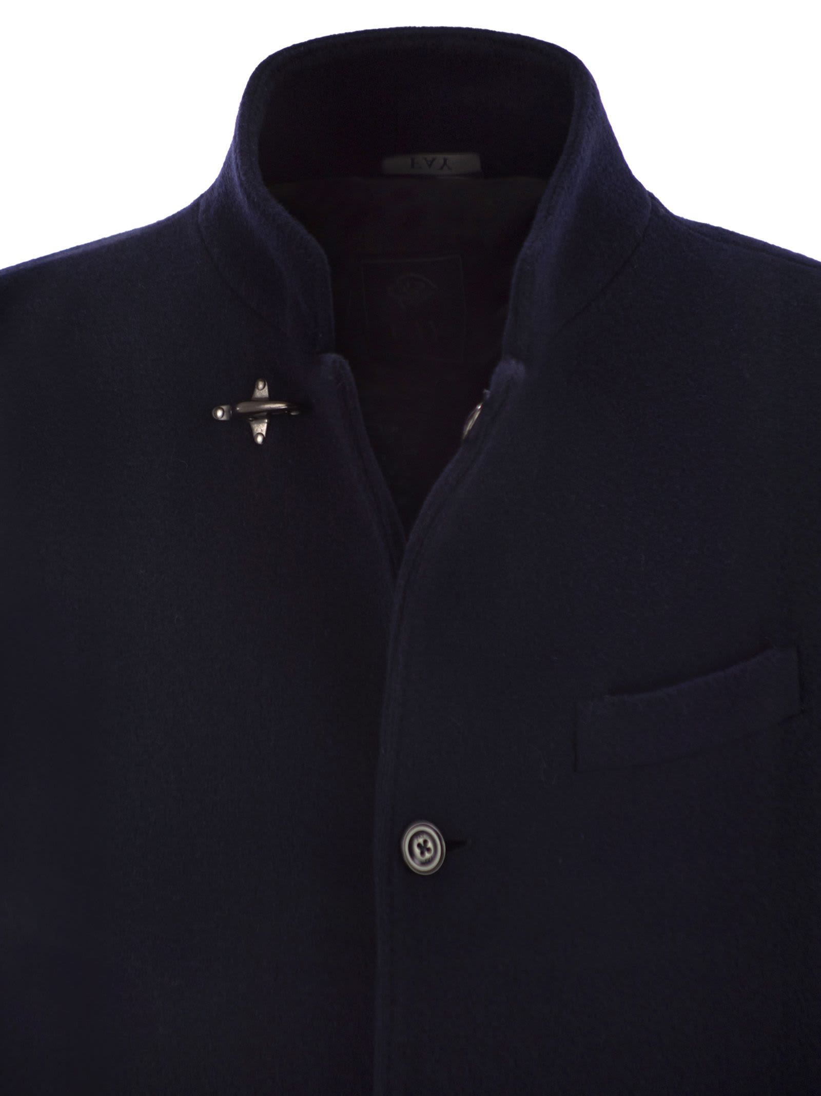 Fay Double Wool Blend Coat With Iconic Hook Closure And Flap Pockets In Blue