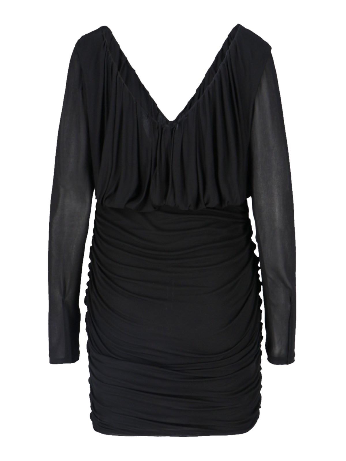 Saint Laurent Cupro Mini Dress With V Neckline And Sheer Sleeves In Black