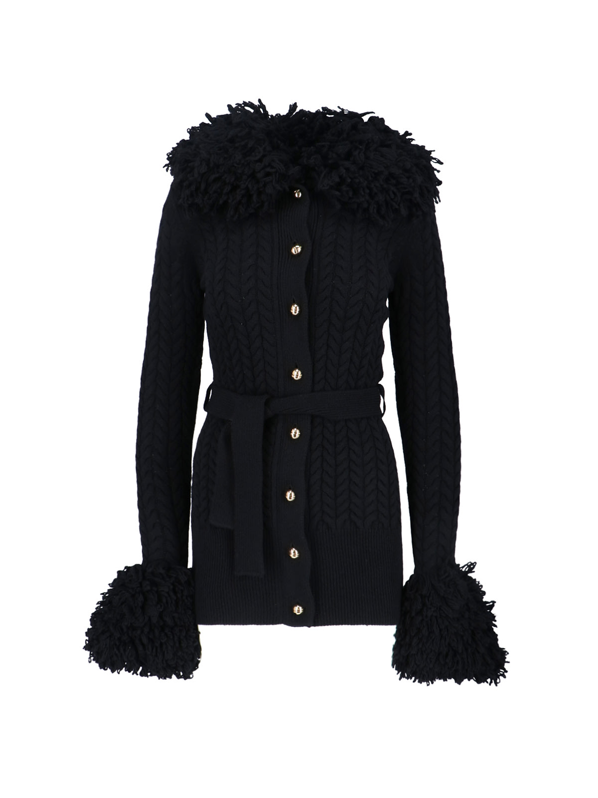 Patou Long Cardigan With Wool And Cashmere Fringes In Black