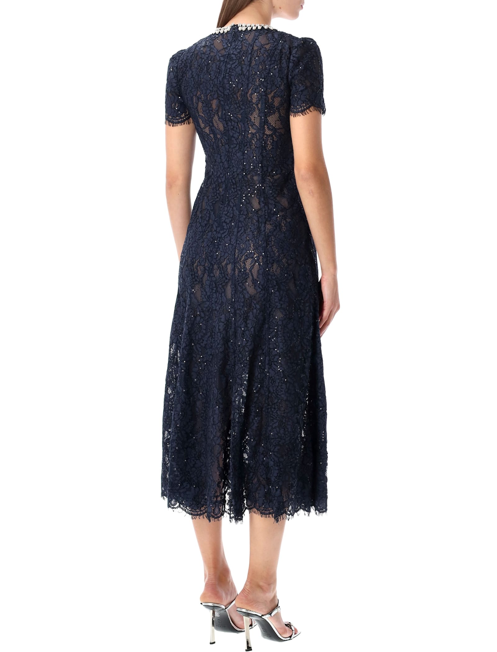 Self-portrait Navy Lace Midi Dress With Pearl And Crystal Embellished Collar In Blue