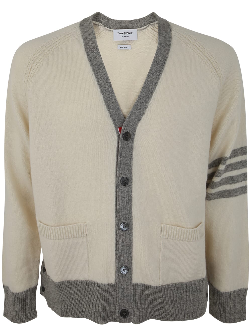 Shop Thom Browne Jersey Stitch Raglan Sleeve Relaxed V Neck Cardigan In Shetland Wool With 4 Bar Stripe In White