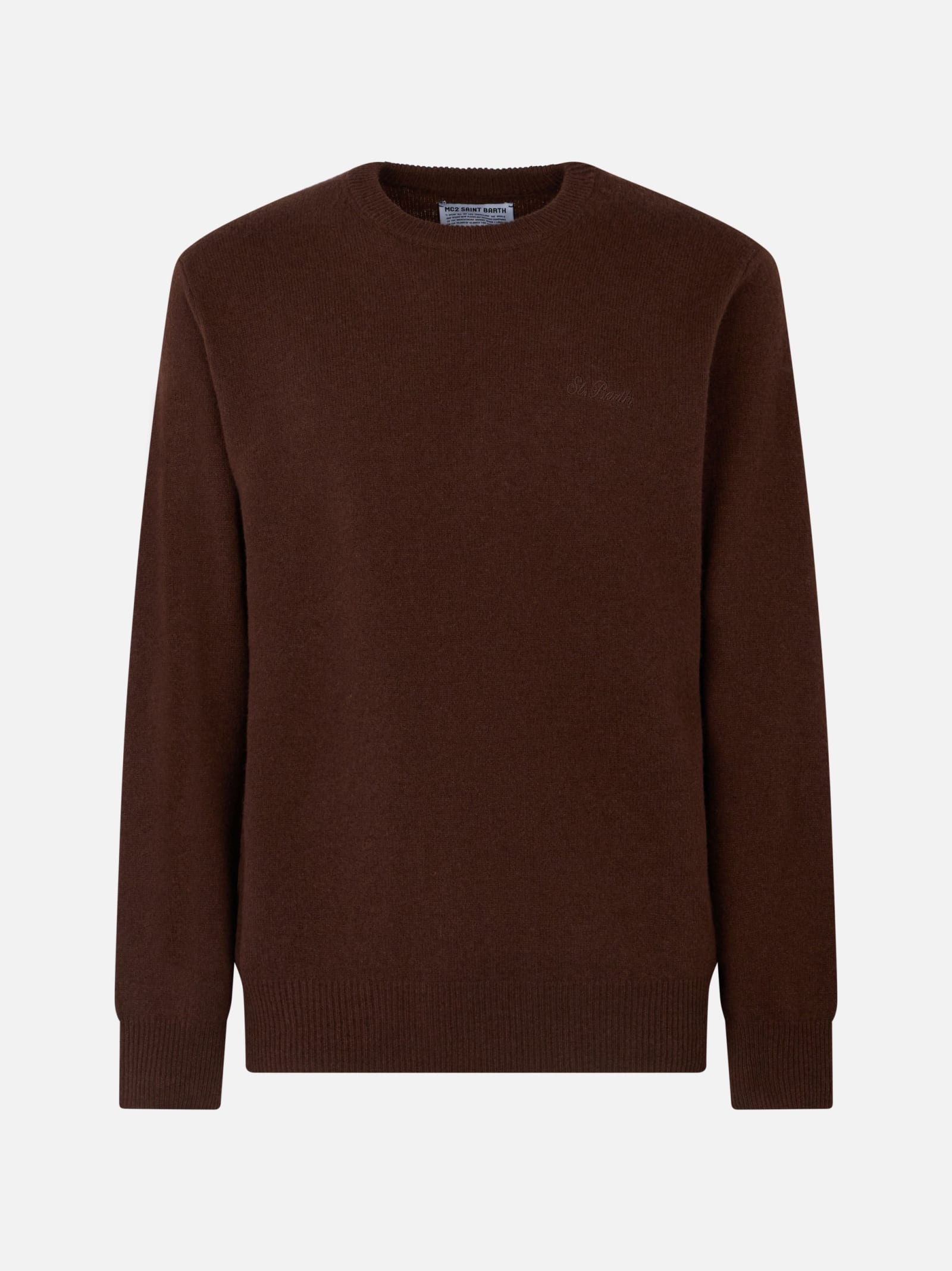 Mc2 Saint Barth Man Crewneck Brown Sweater With St. Barth Embroidery In Brown