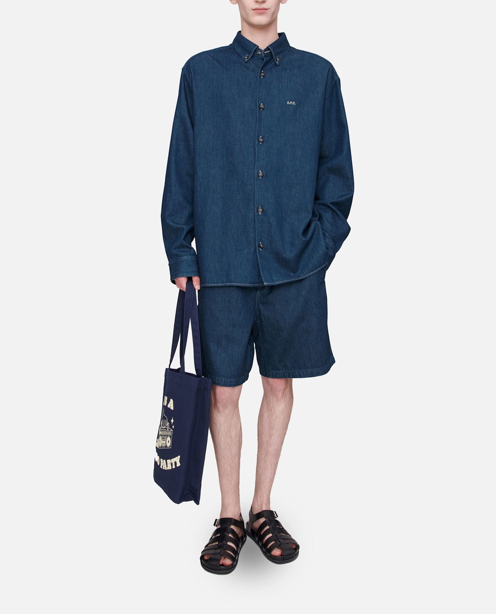 Apc A.p.c. Button-down Denim Shirt With Logo Detail In Blue