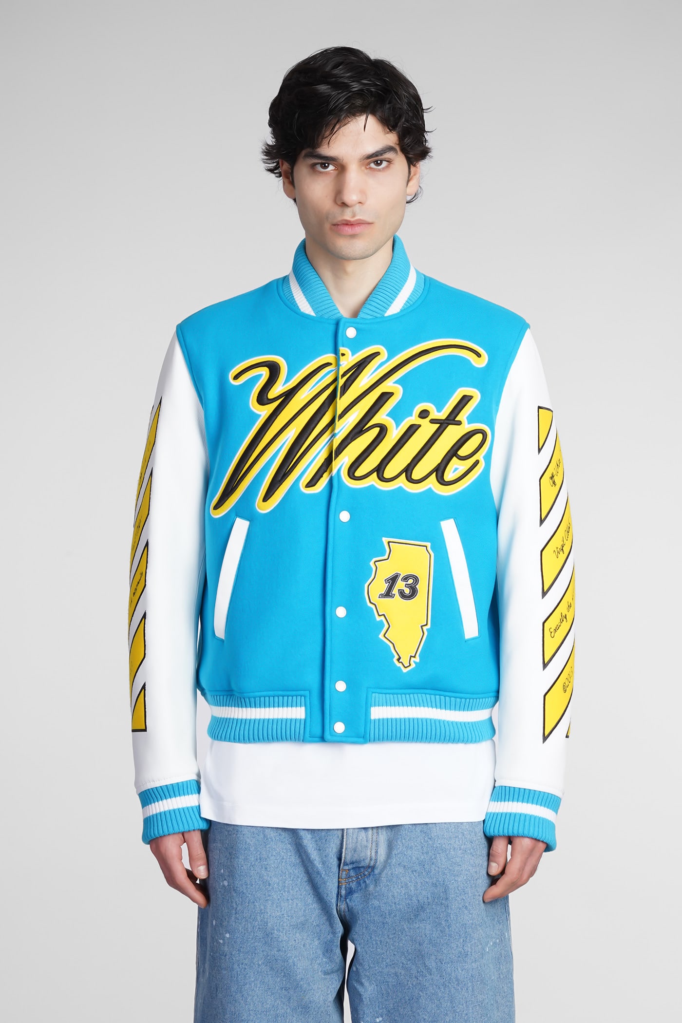 Off-White Bomber In Cyan Suede And Leather