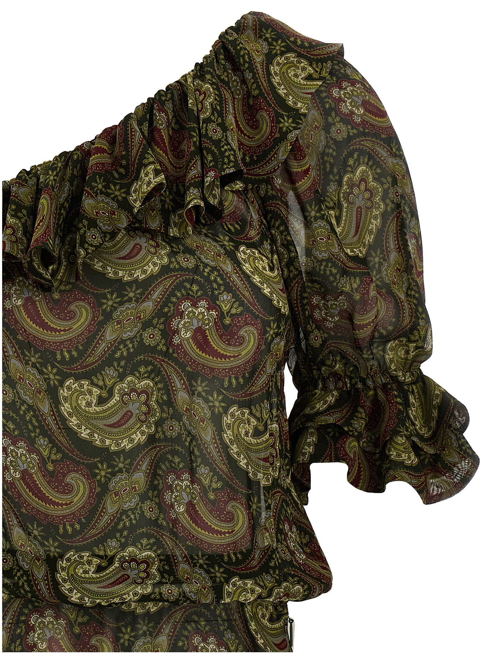 Saint Laurent One Shoulder Paisley Ruffle Dress