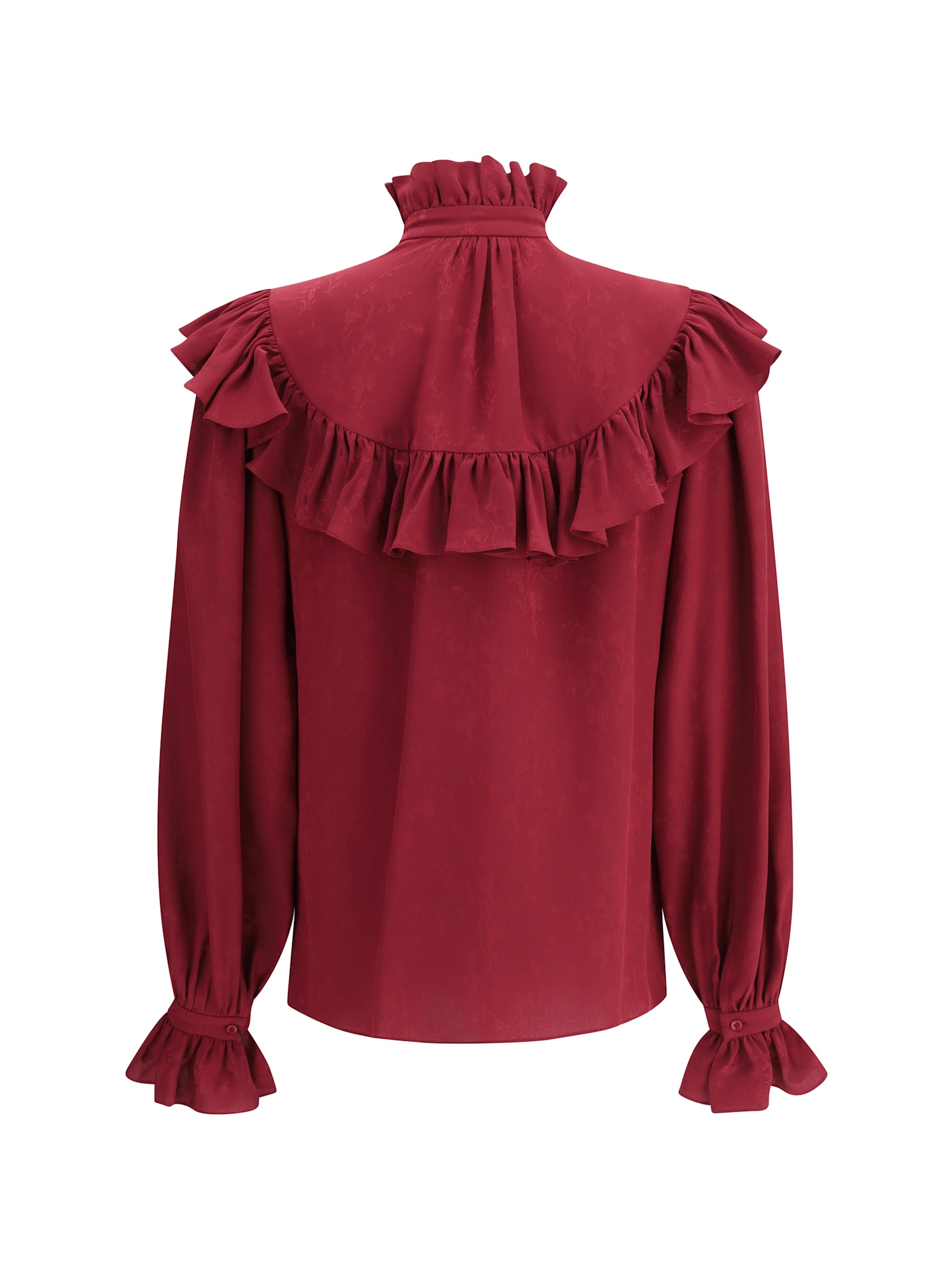 Saint Laurent Ruffled Floral Silk-jacquard Blouse In Red