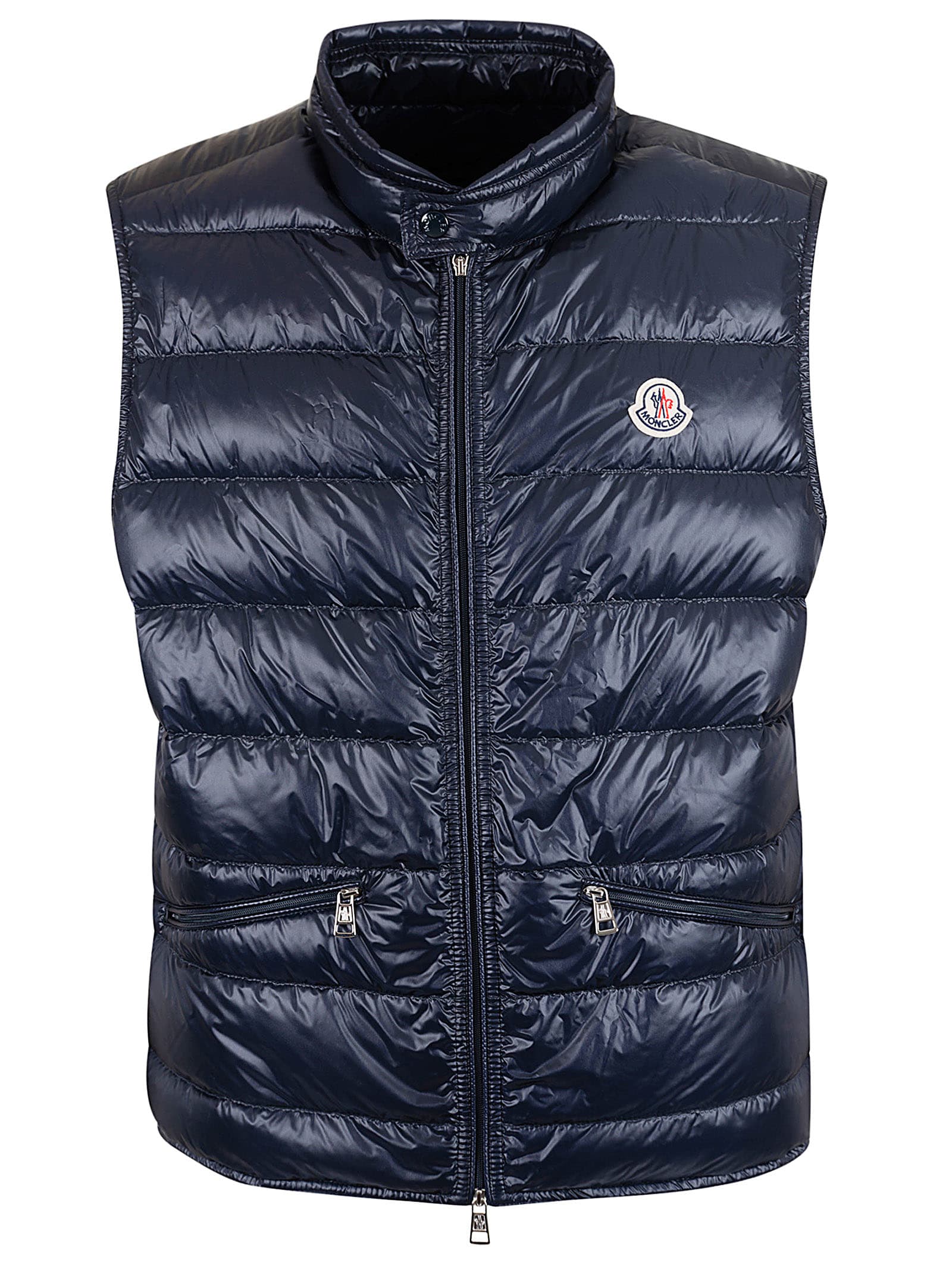 Moncler Chest Logo Patch Padded Waistcoat In Dark Blue