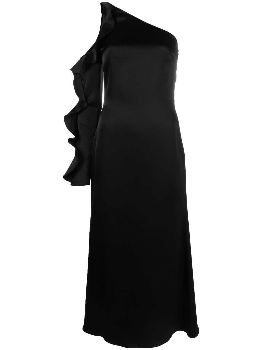 David Koma One Shoulder Midi Dress With Ruffle Detail In Black