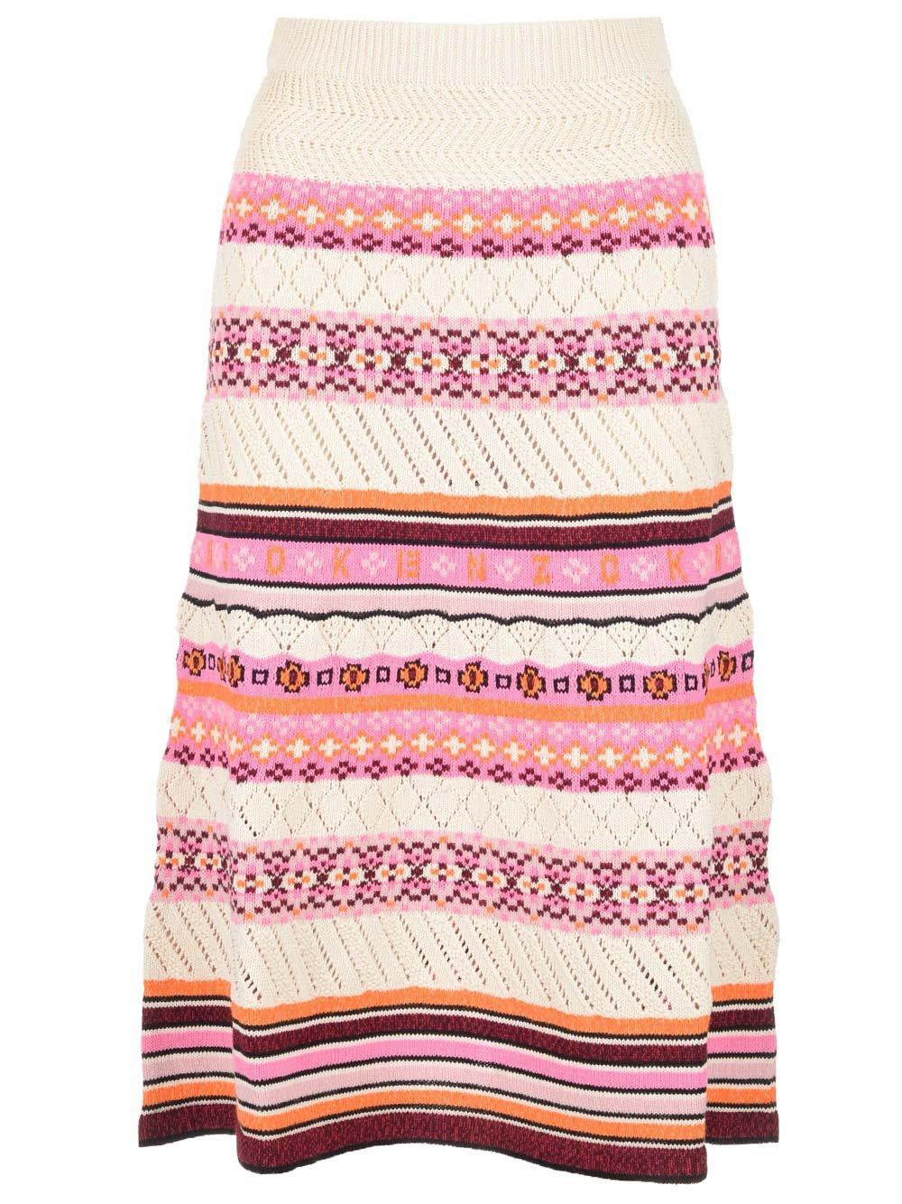 Kenzo Crochet Cotton Blend Midi Skirt With Fairisle Motif In Rose