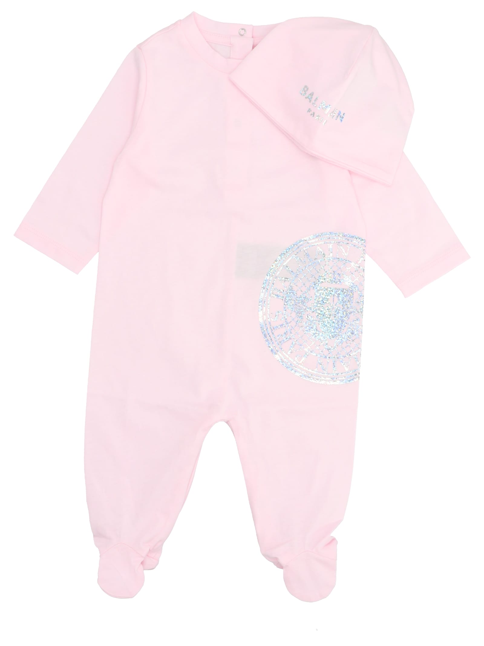 Balmain Bodysuit And Hat Baby Set In Pink