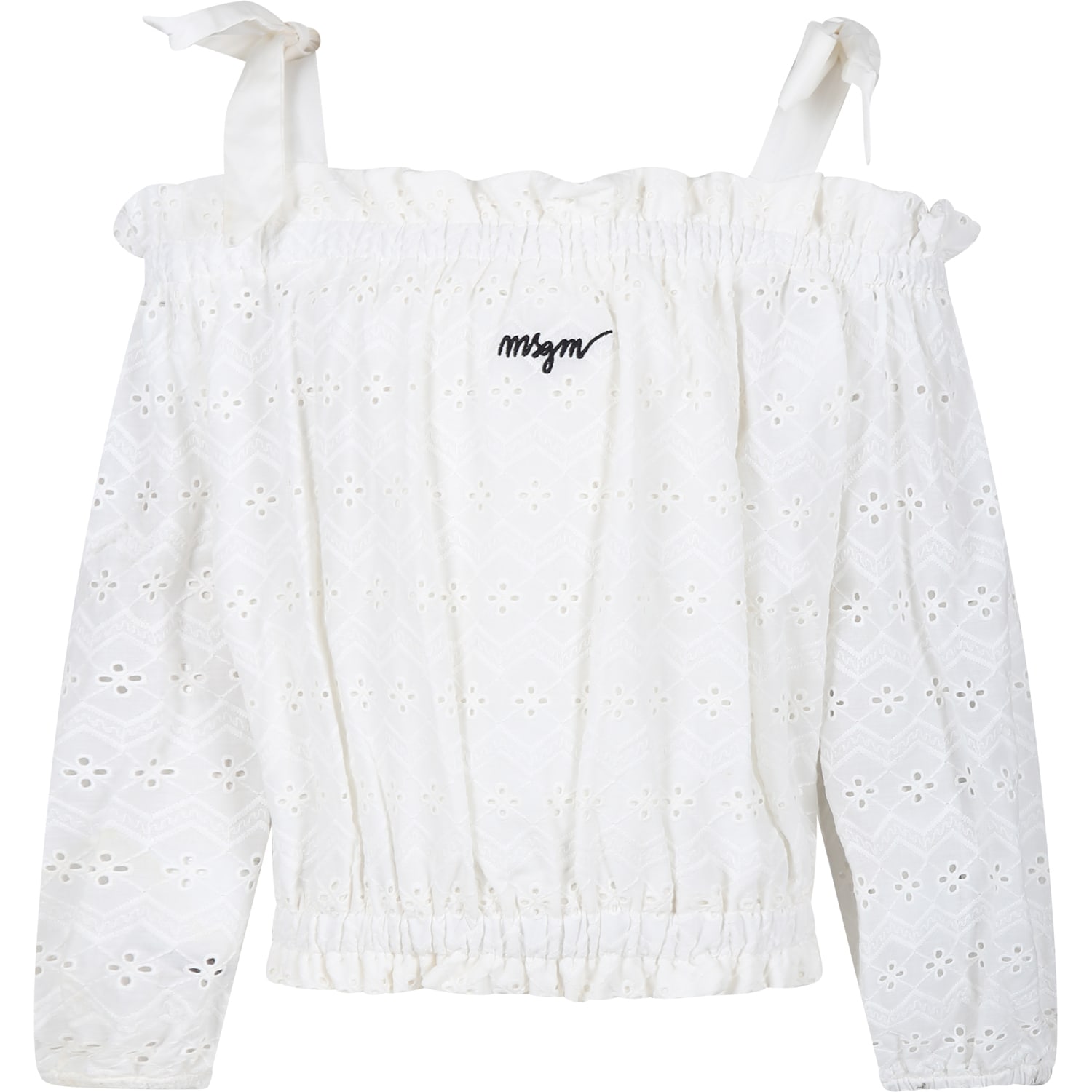 Msgm Kids' White Top For Girl With Broderie Anglaise In Metallic