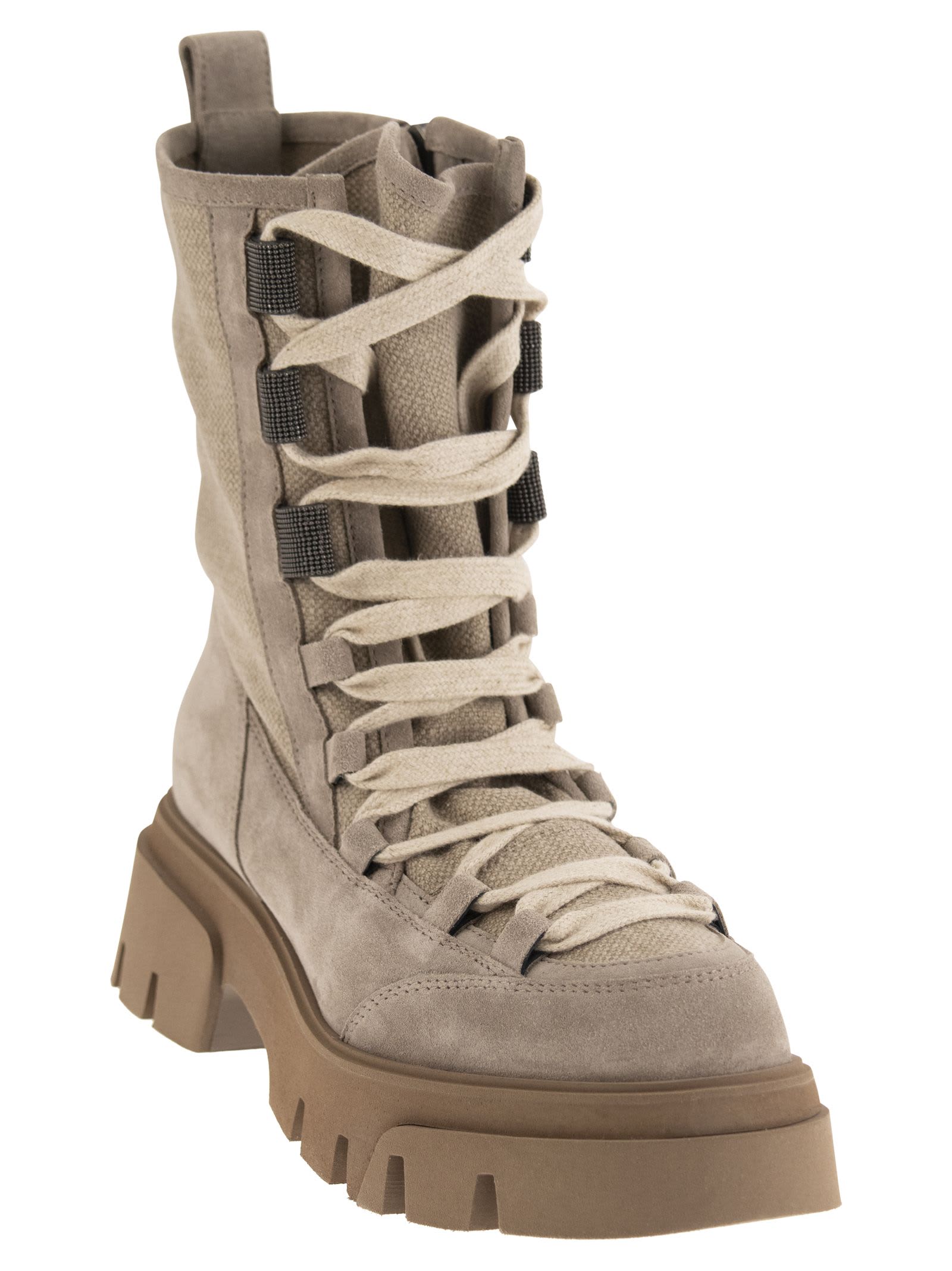 BRUNELLO CUCINELLI SUEDE AND CANVAS BOOTS WITH PRECIOUS EYELETS