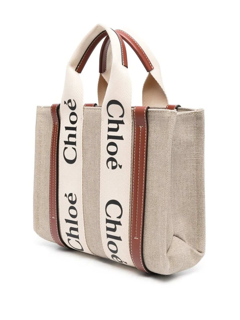 Shop Chloé White And Brown Woody Small Tote Bag