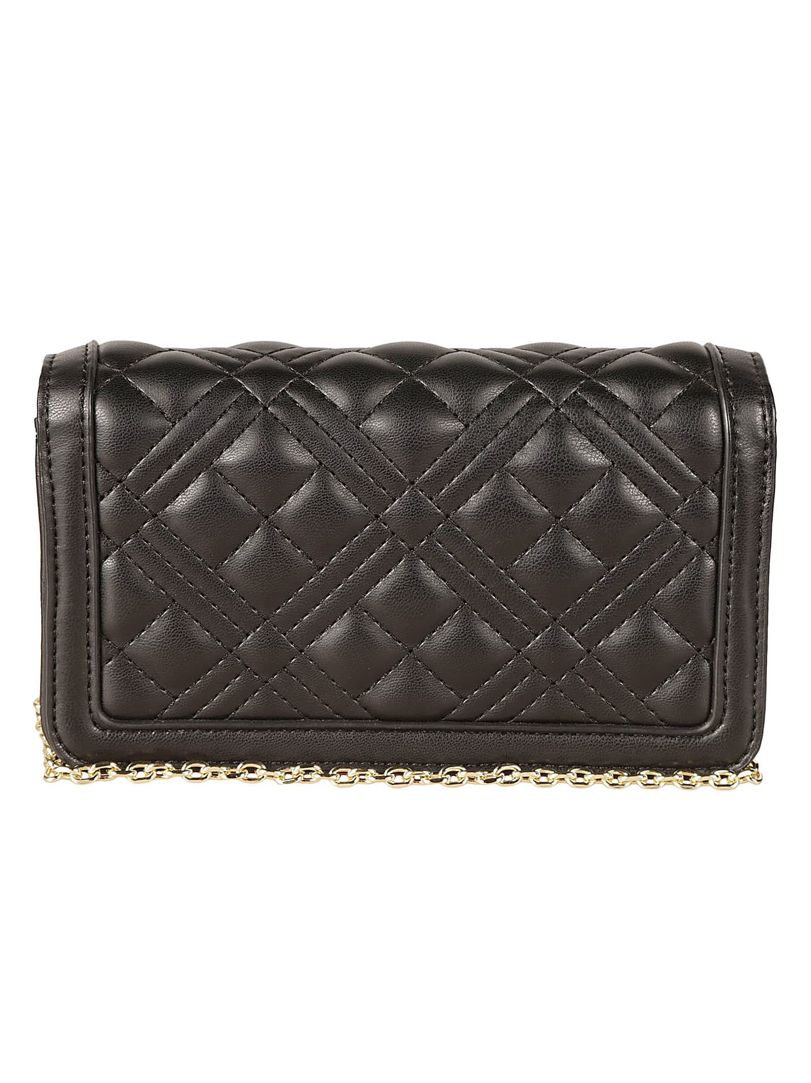 Shop Love Moschino Logo Plaque Quilted Shoulder Bag In Black