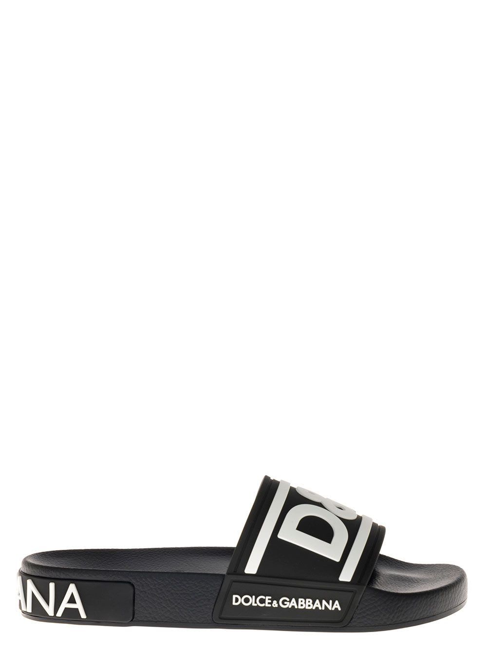 Dolce & Gabbana Womans Black Slide Rubber Sandals With Logo