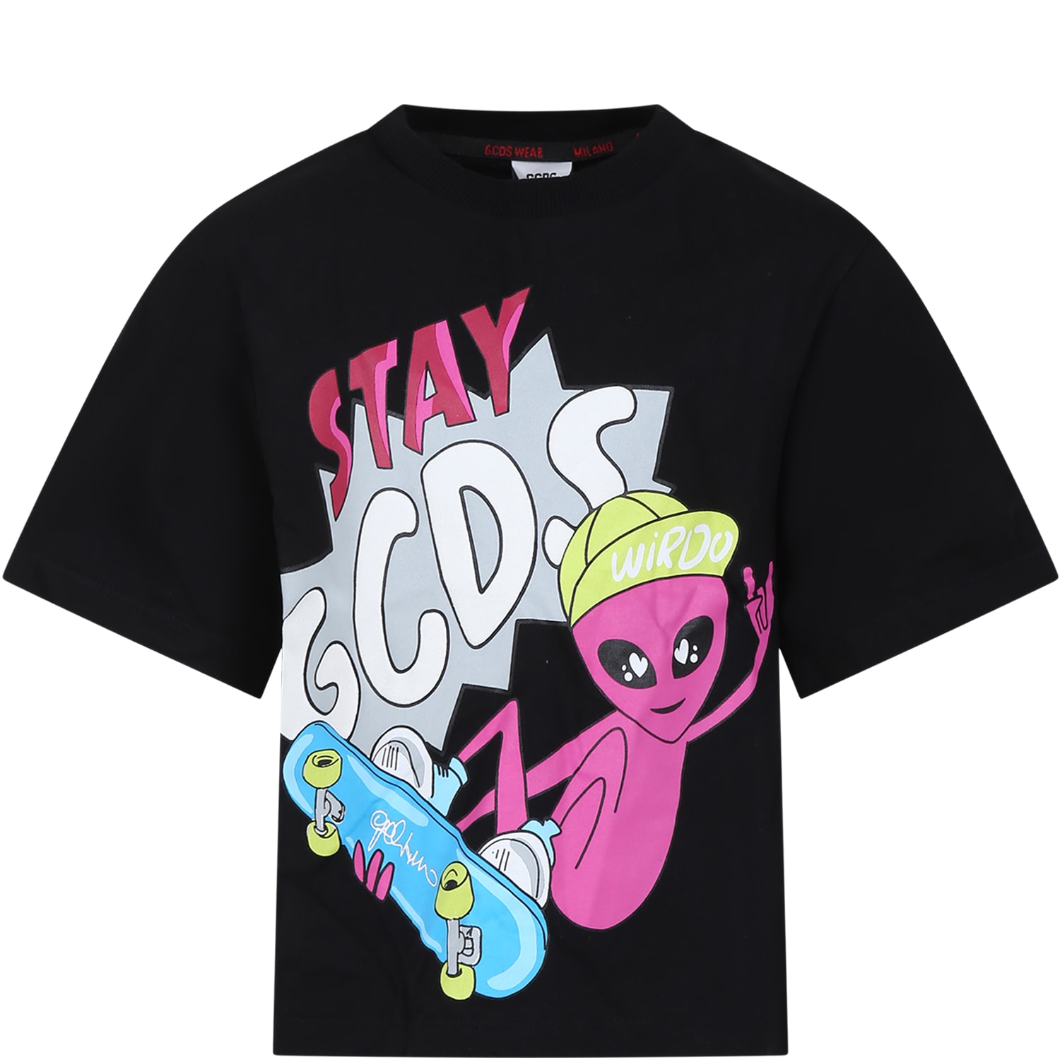 Shop Gcds Mini Black T-shirt For Boy With Alien Print And Logo In Nero/black