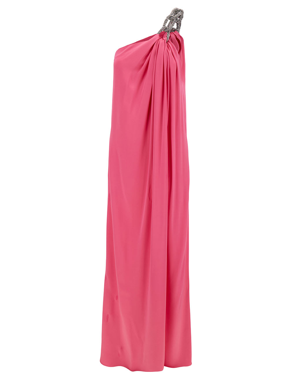 Shop Stella Mccartney Pink One-shoulder Maxi Dress With Crystal Chain In Double Satin Woman