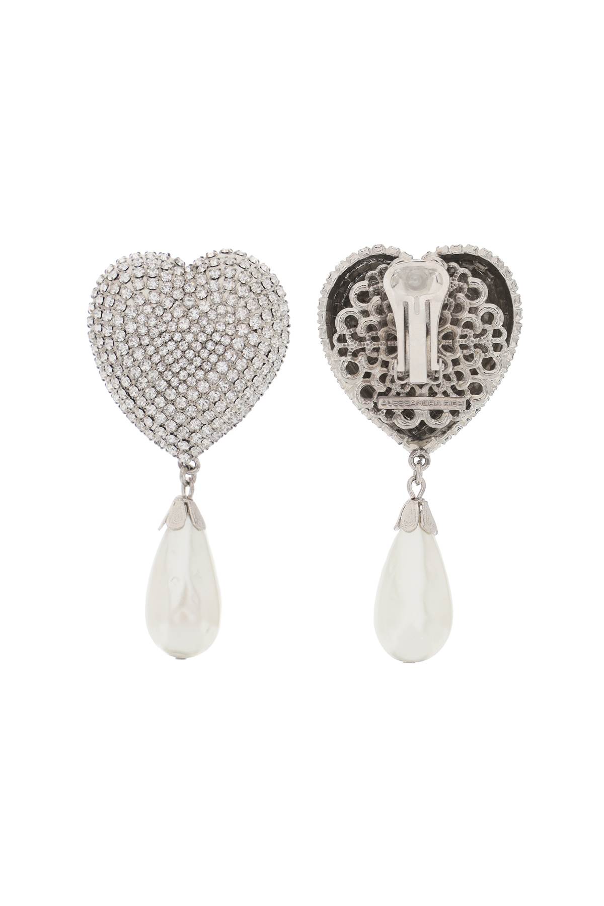 Alessandra Rich Heart Crystals And Pearl Earrings In Cry-silver