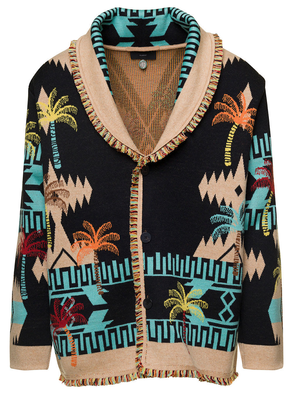 ALANUI BLACK JACQUARD CARDIGAN WITH PALM MOTIF ALL-OVER IN WOOL MAN