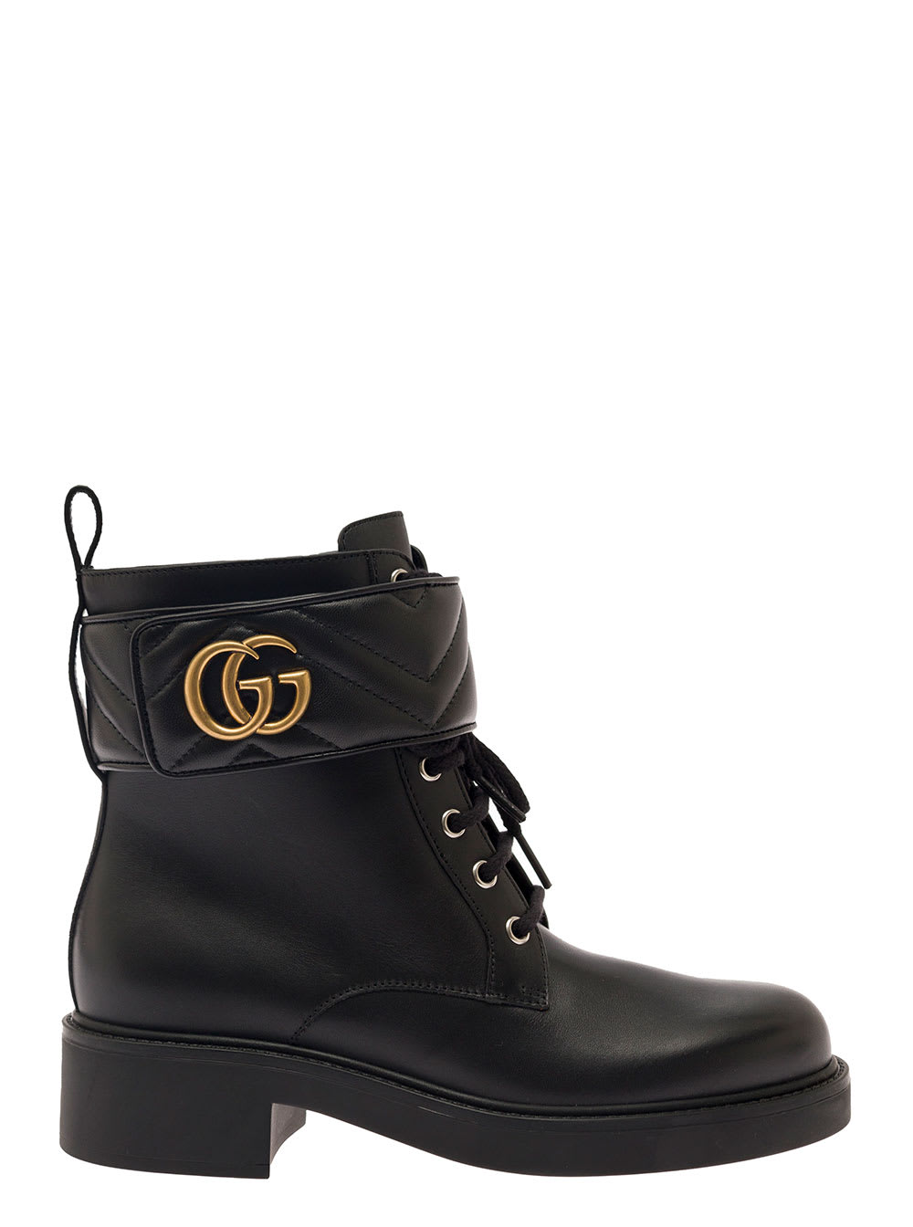 Black Ankle Boot With Double g And Textured Hardware In Leather Woman