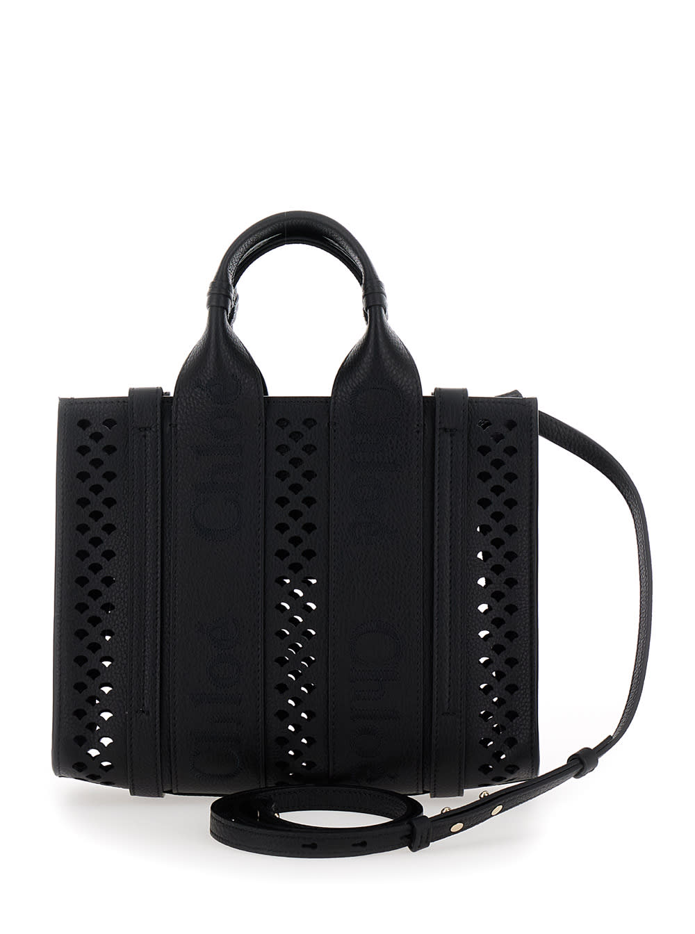 Shop Chloé Piccola Woody Black Tote Bag With Perforated Edges And Logo In Grained Leather Woman