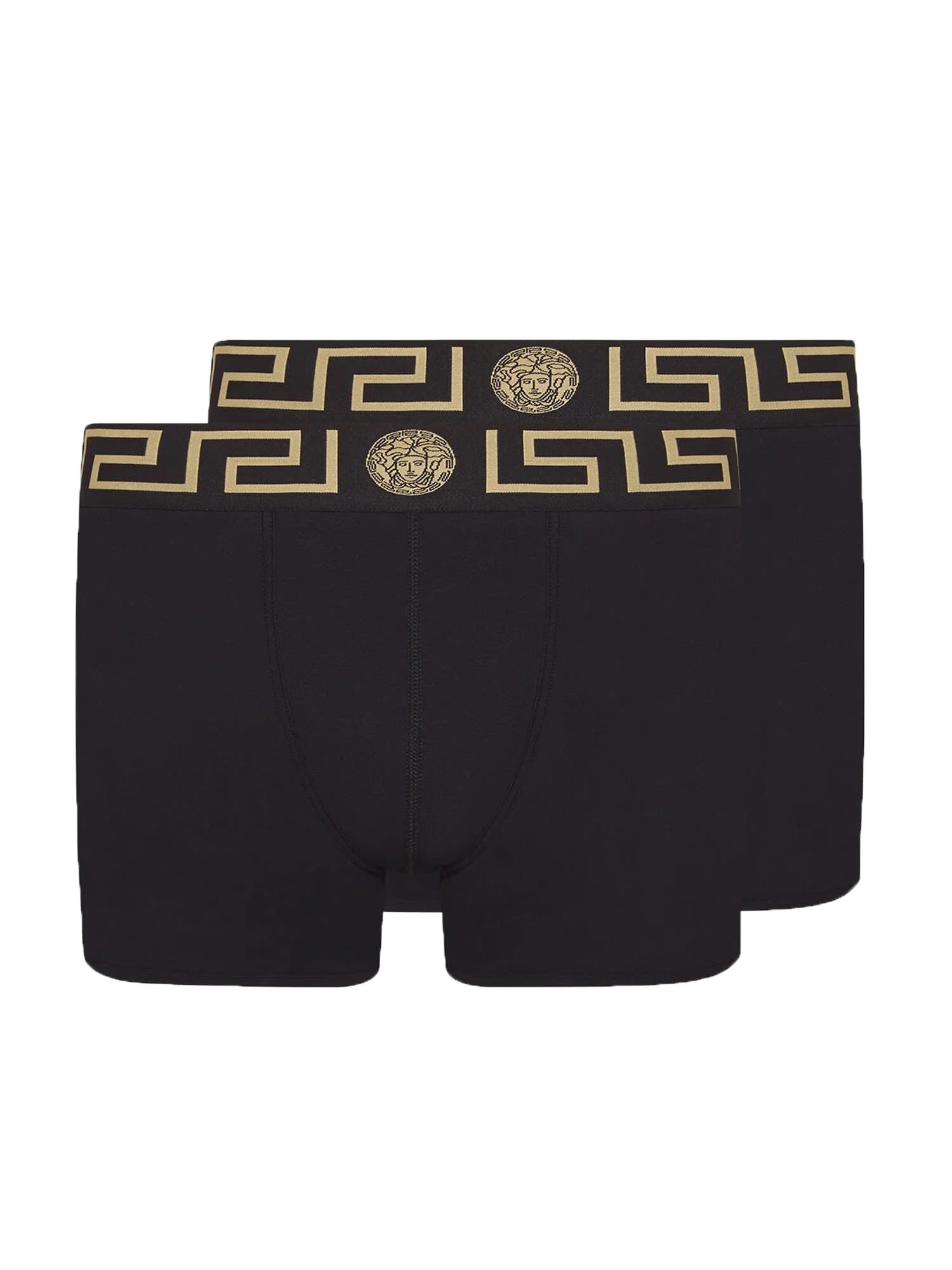 Shop Versace Pack Of Two Boxer Shorts With Greek Motif In Nero Greca Oro