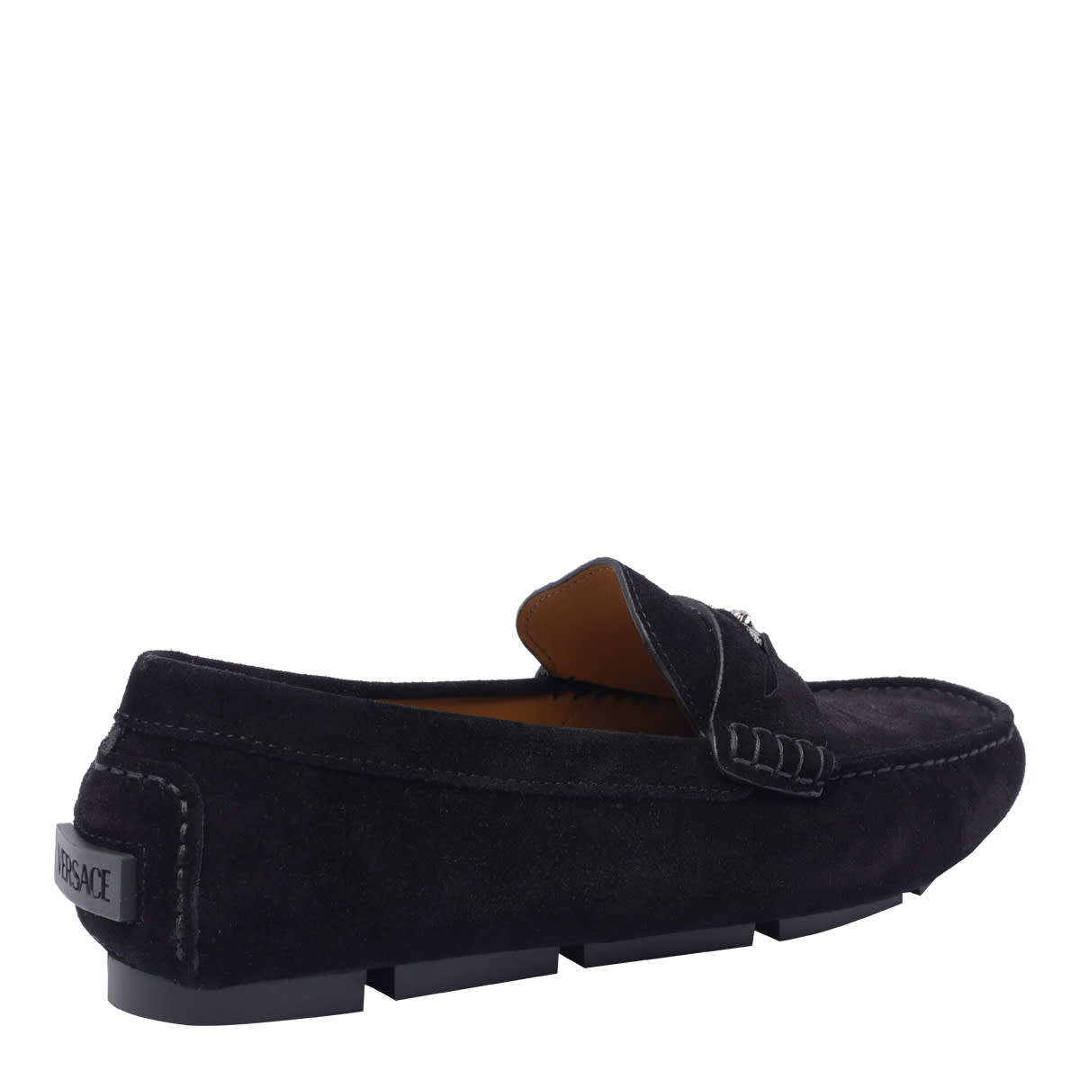 Shop Versace Medusa Biggie Suede Driver Loafers In Black