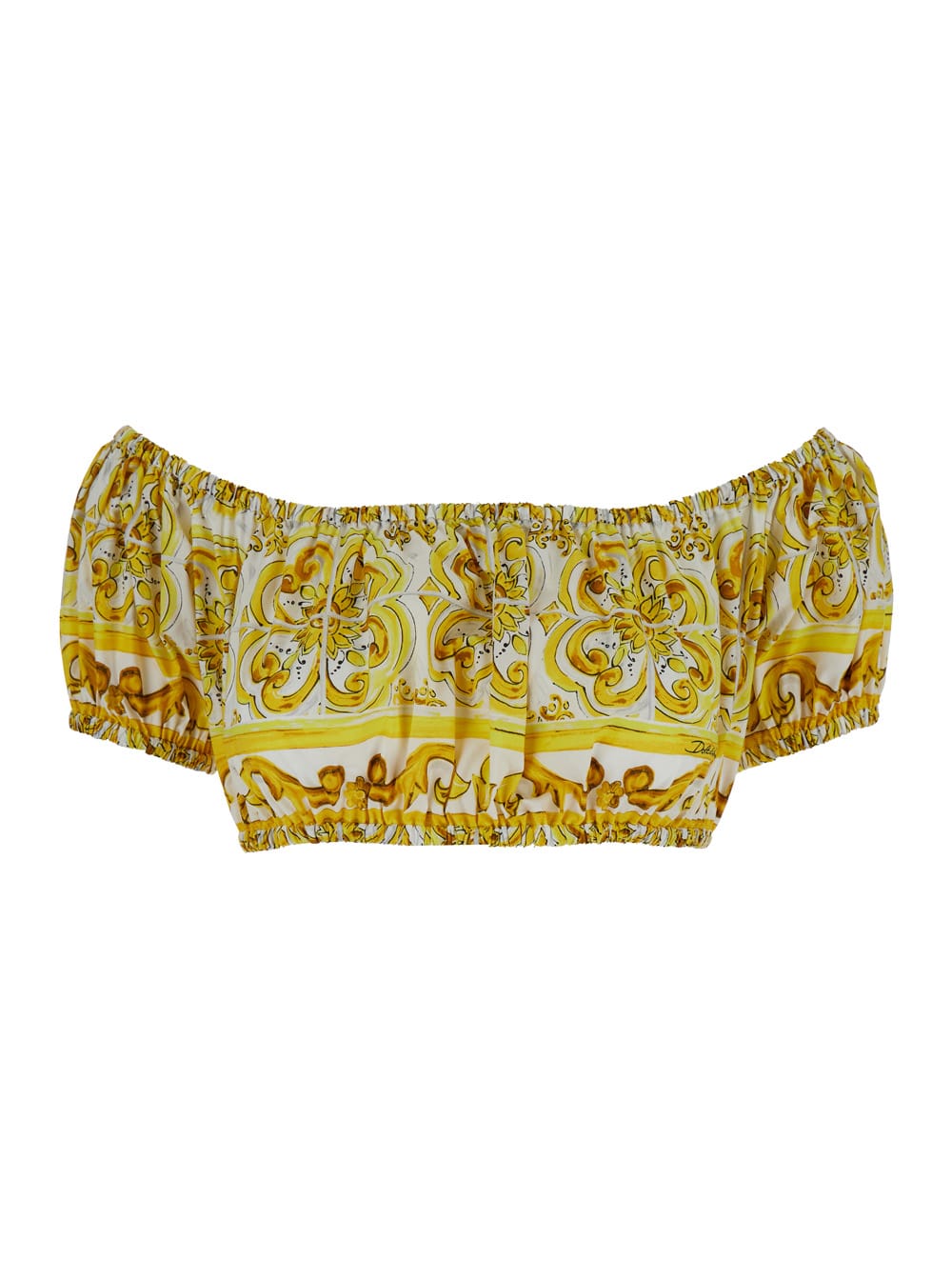 Shop Dolce & Gabbana Yellow And White Crop Top With Majolica Print In Cotton Woman