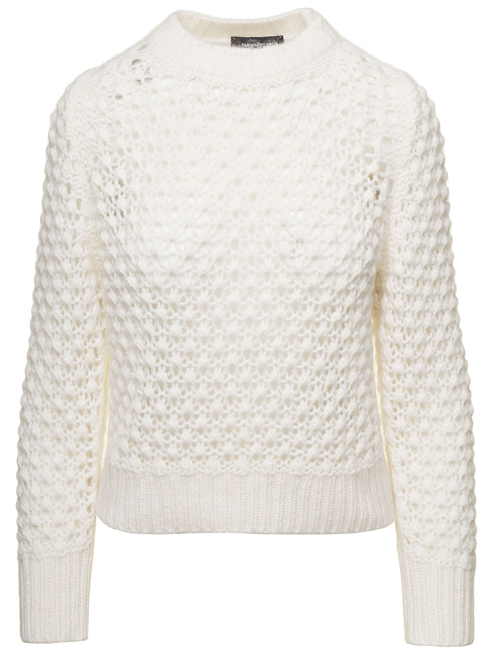 FABIANA FILIPPI WHITE CREWNECK SWEATER WITH RIBBED TRIM IN TRICOT WOOL BLEND WOMAN