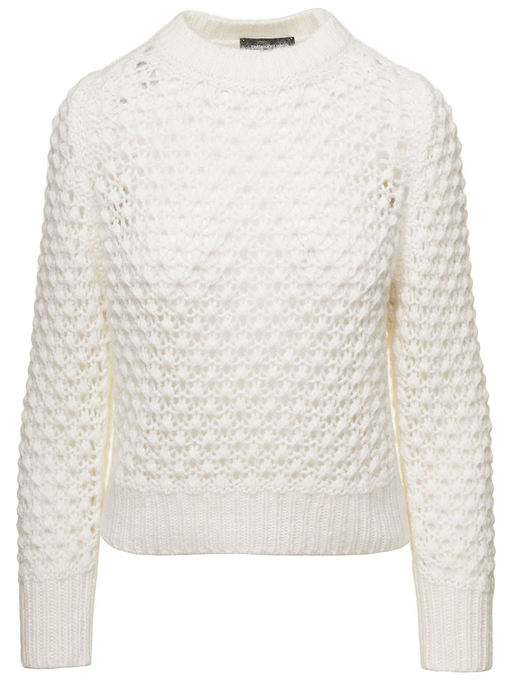 Fabiana Filippi White Crewneck Sweater With Ribbed Trim In Tricot Wool Blend Woman In White