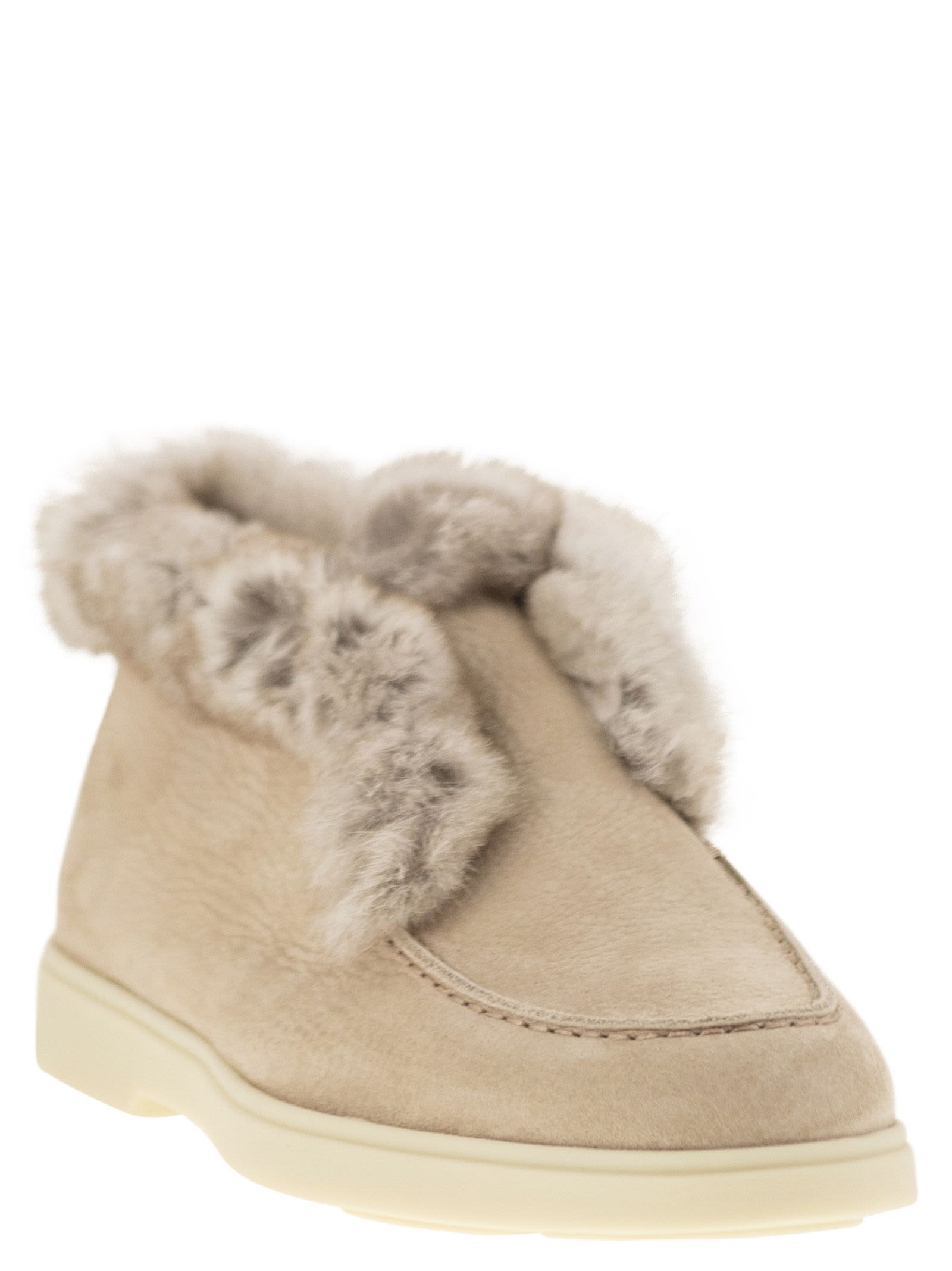 Shop Santoni Desert Boot In Nubuck With Fur In Beige