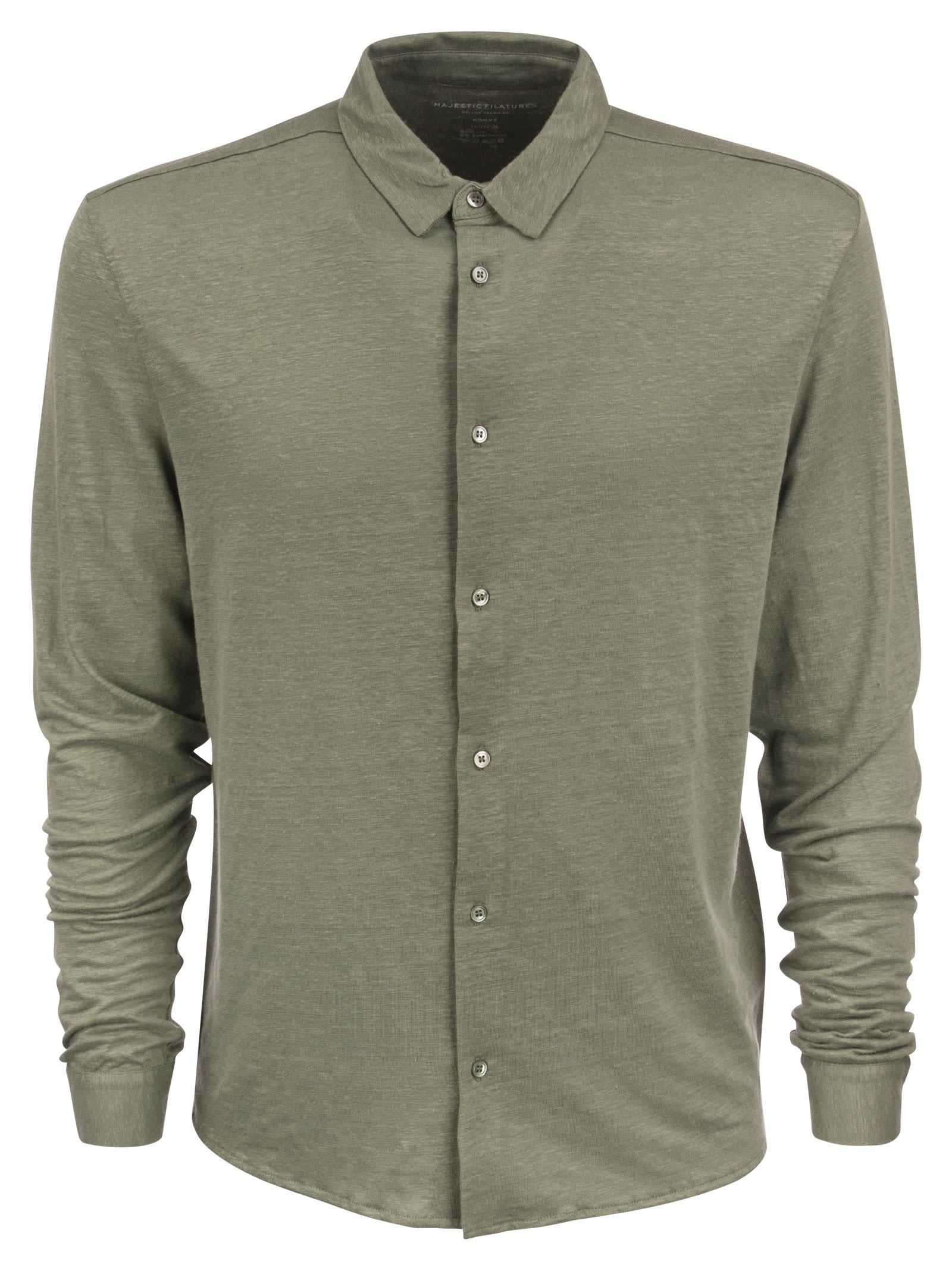 Shop Majestic Long-sleeved Linen Shirt In Green