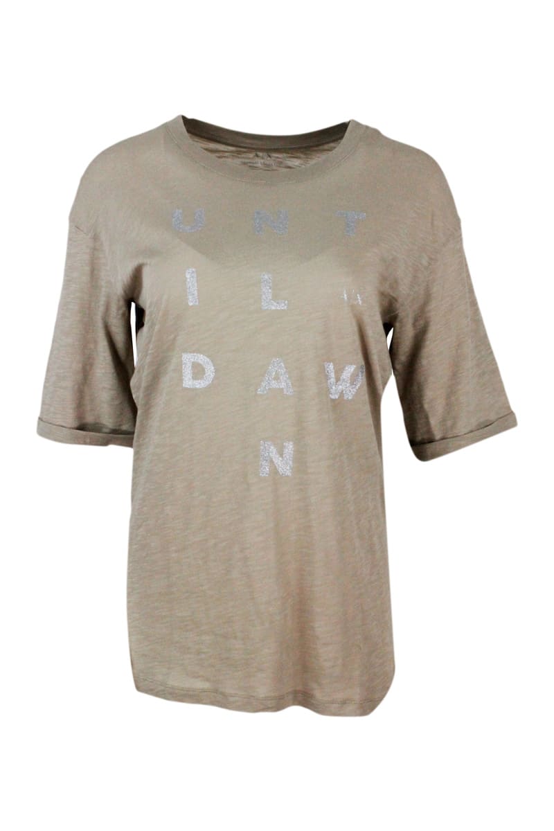 Armani Collezioni Short-sleeved Maxi T-shirt In Slub Cotton With Round Neck And Silver Letters