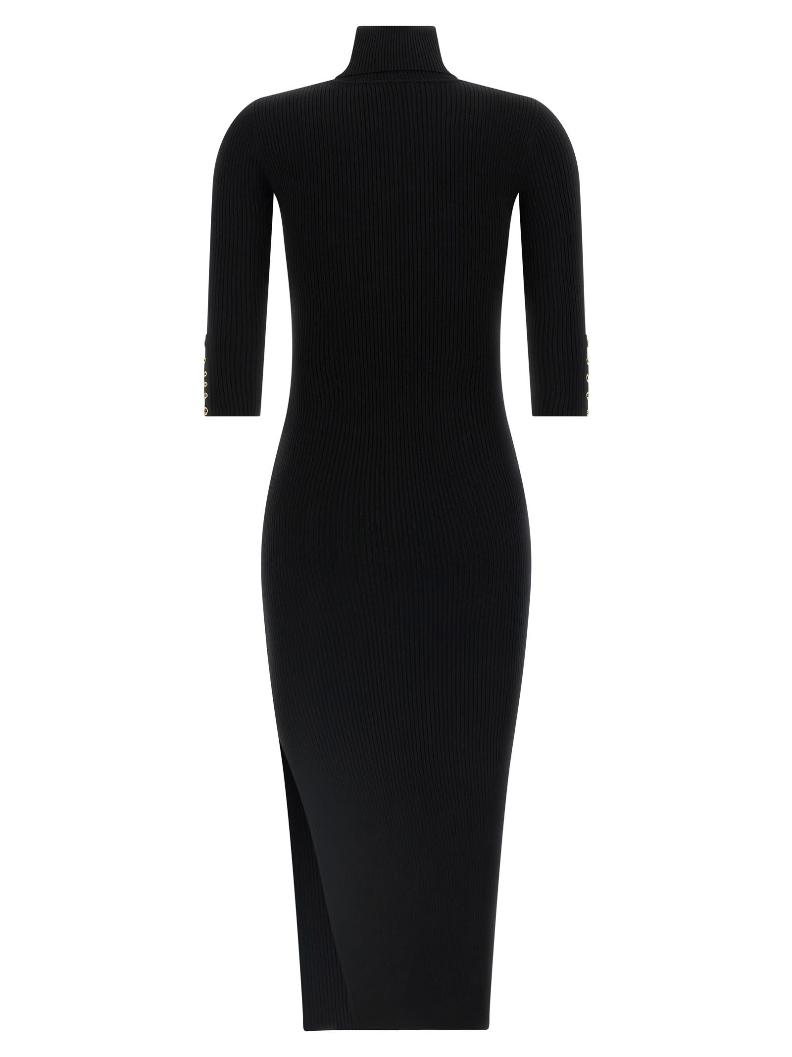 Elisabetta Franchi Form-fitting Black Midi Dress With Ribbed Texture And Logo Detail In Black