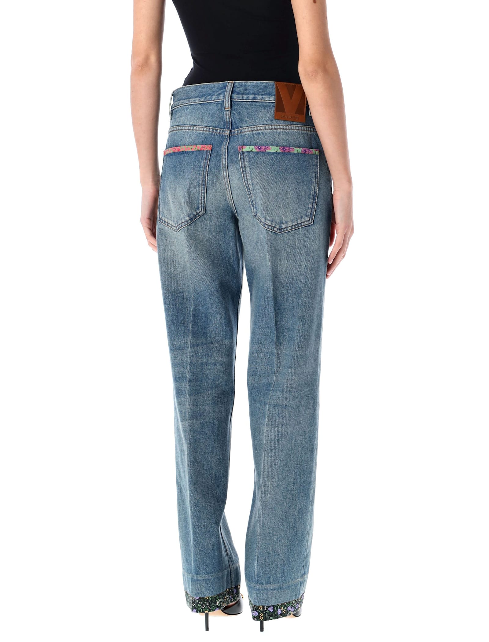 Valentino Straight-fit Denim Pants With Colorful Embellishments In Medium Blue