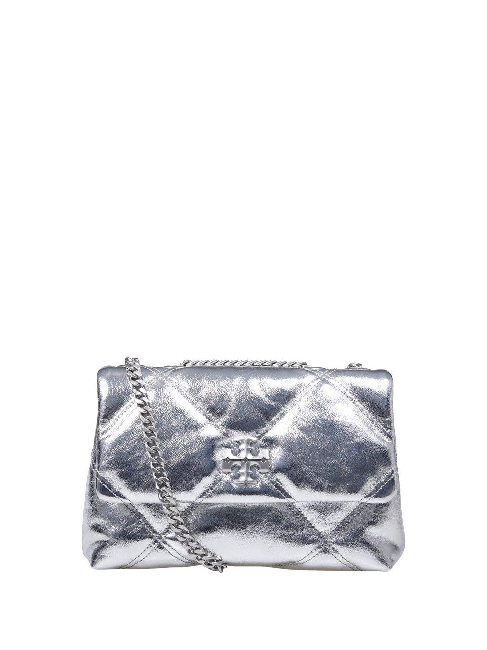 Tory Burch Small Kira Metallic Diamond Quilted Convertible Shoulder Bag In Argento