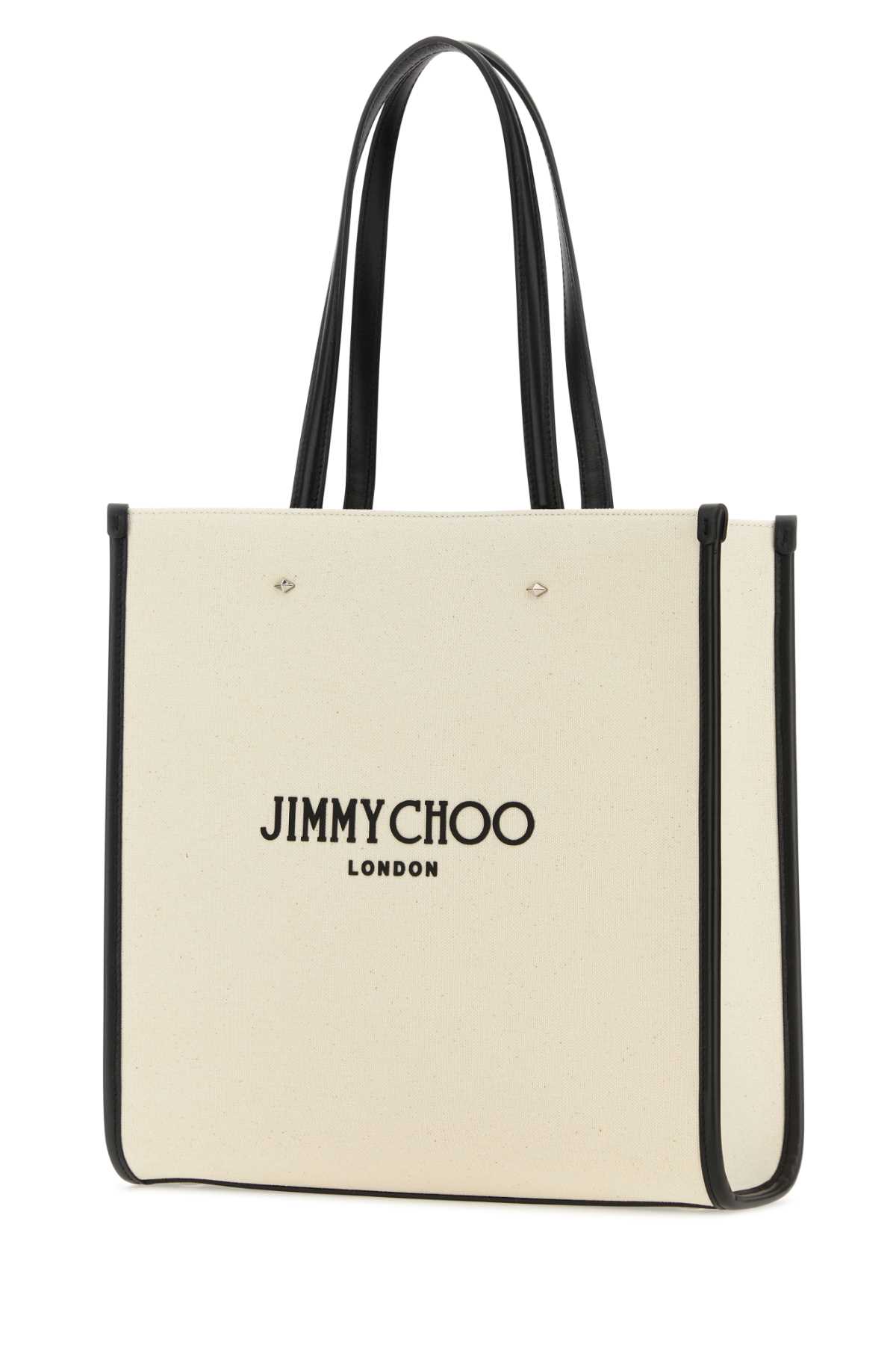 Jimmy Choo Ivory Canvas N/s Tote M Shopping Bag In Naturalblacksilver