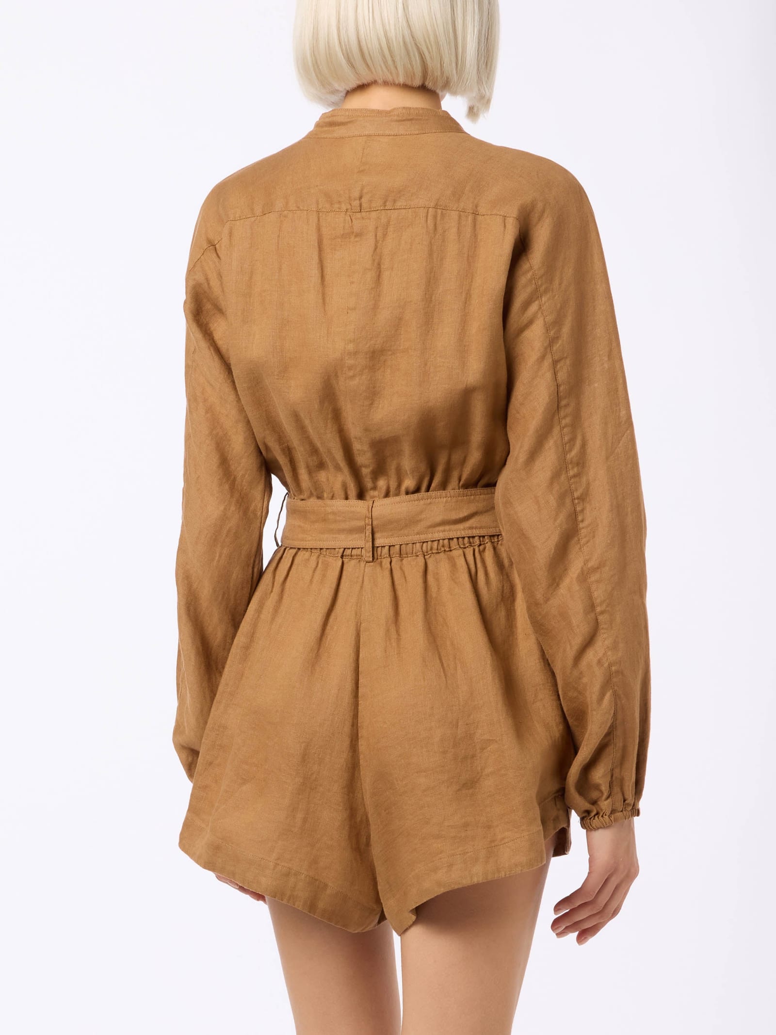 Shop Mc2 Saint Barth Woman Camel Linen Playsuit Hanniel In Brown