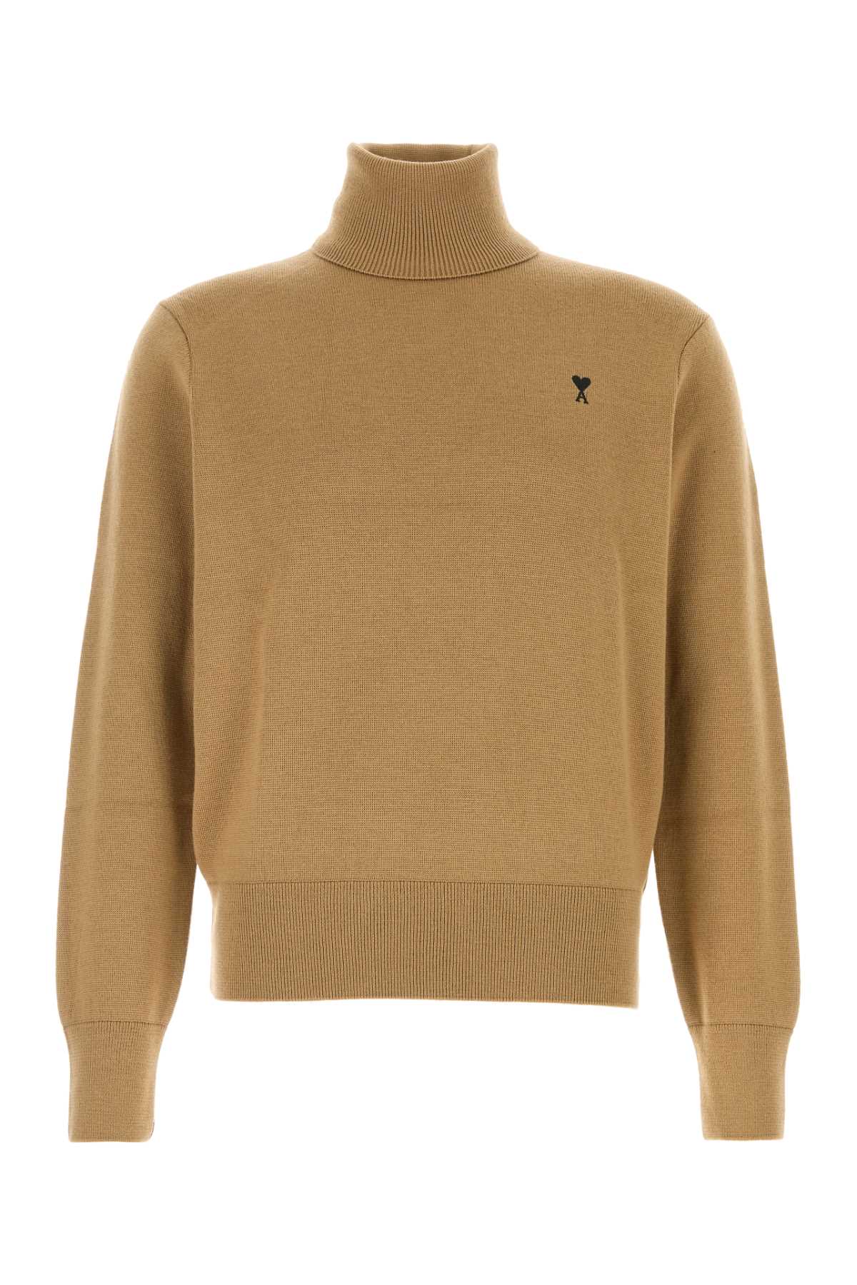Ami Alexandre Mattiussi Cropped Merino Wool Turtleneck Sweater With Ribbed Details In Gold