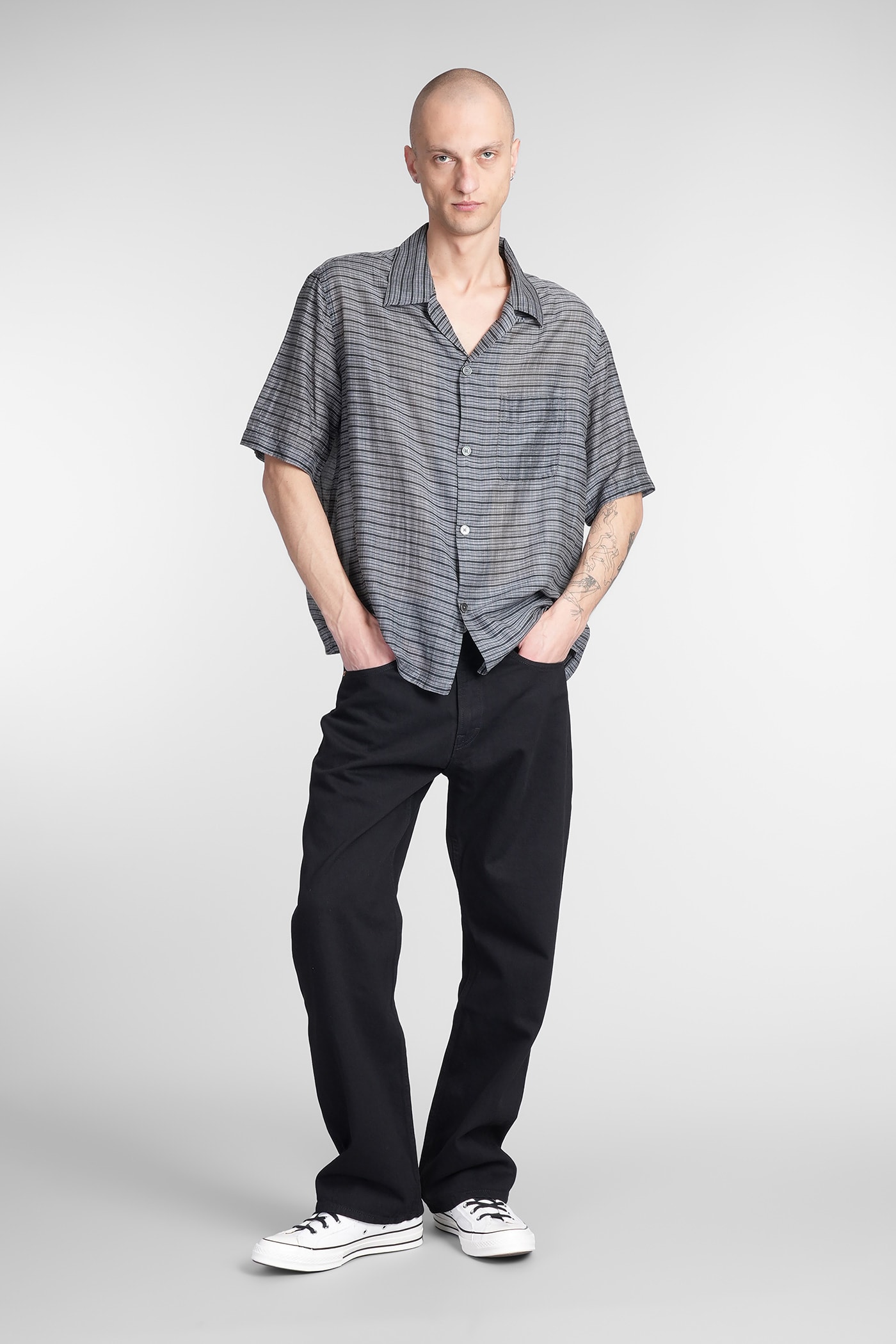 Our Legacy Heusen Checked Cotton And Silk Bowling Shirt In Grey