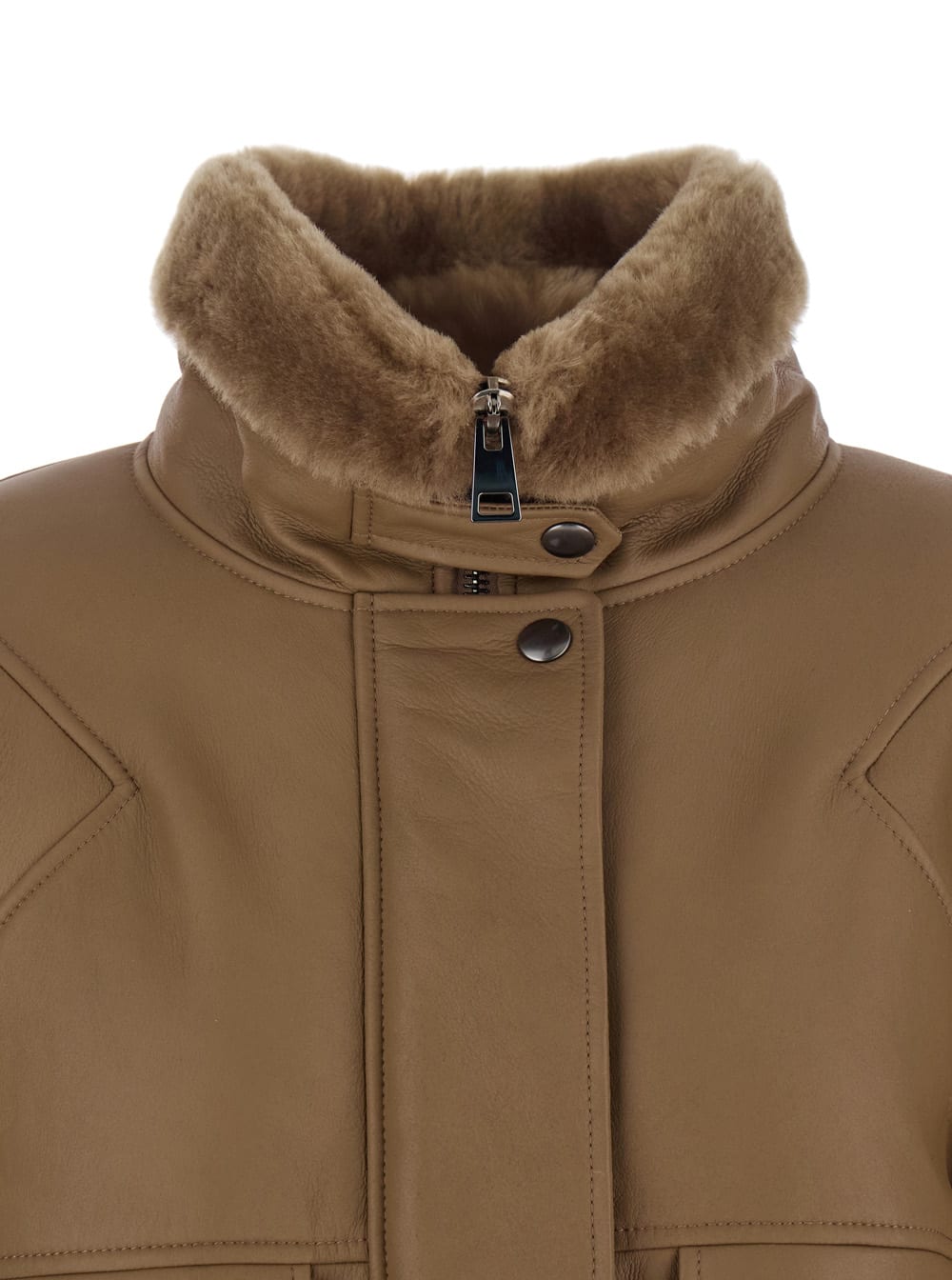 Blancha Brown Bomber Jacket With Fur Collar And Patch Pockets In Leather Woman In Brown