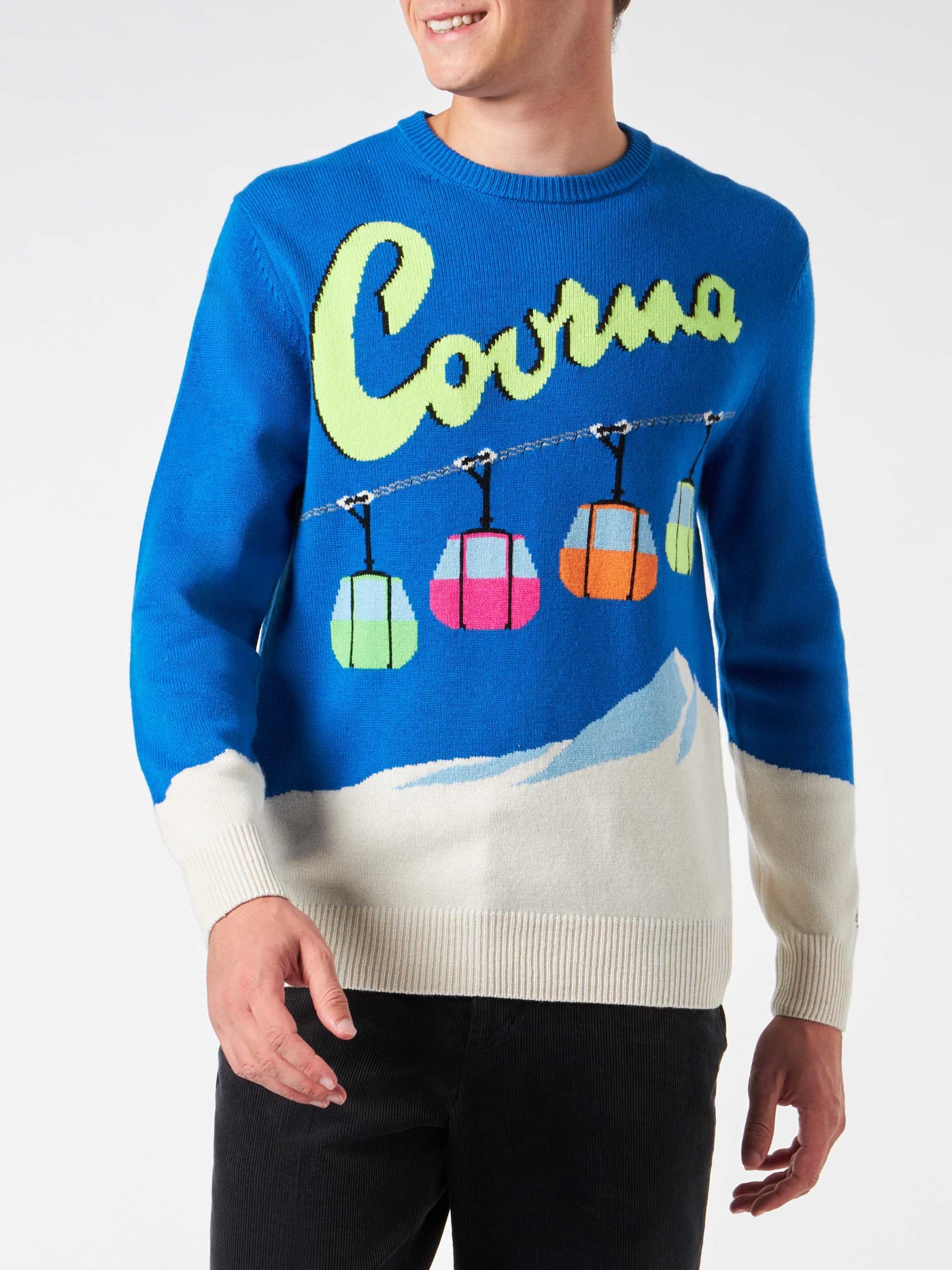 Shop Mc2 Saint Barth Man Crewneck Sweater With Courma Cable Postacard Jacquard Print In Blue