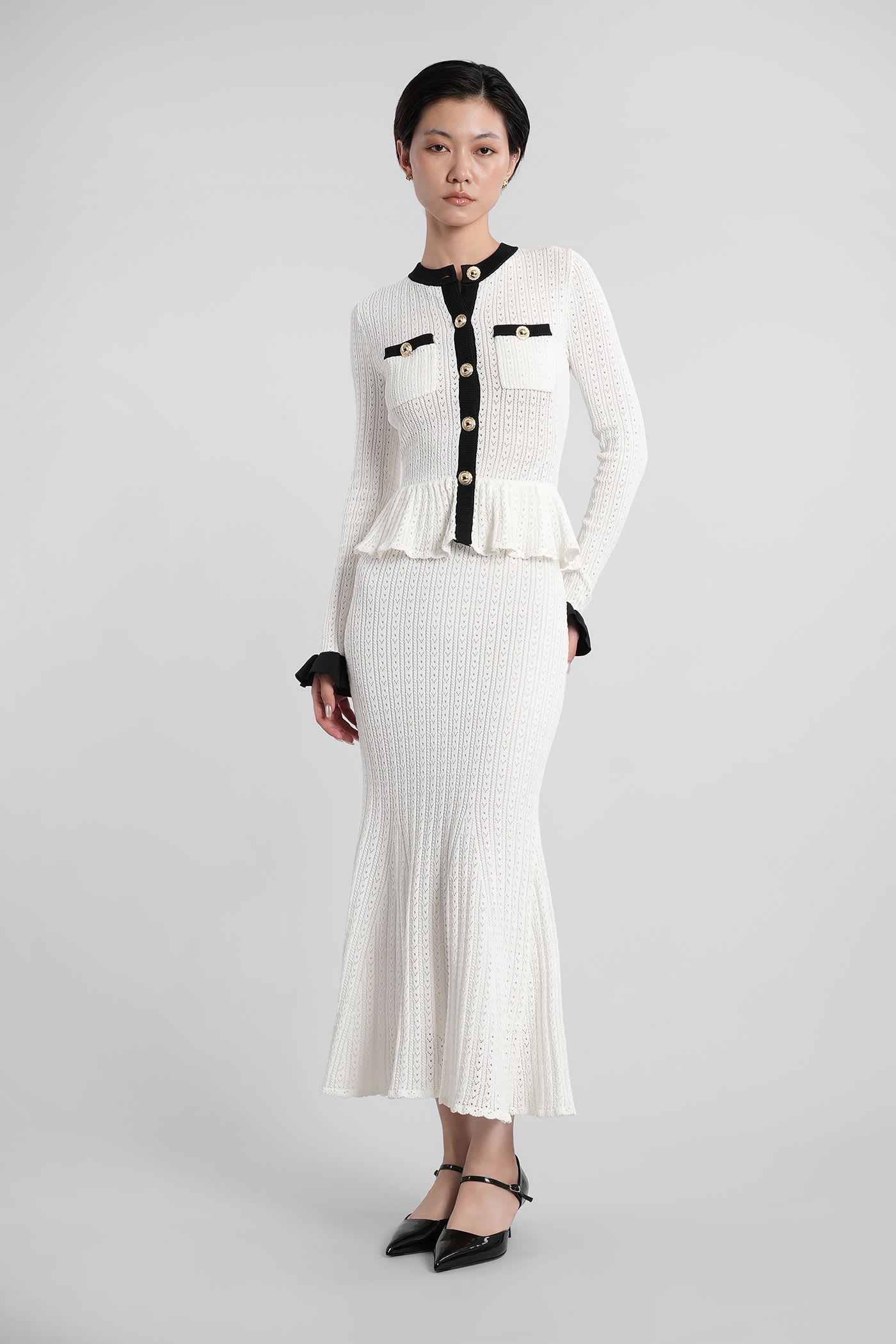 Self-portrait Pointelle Knit Contrast Midi Dress In White
