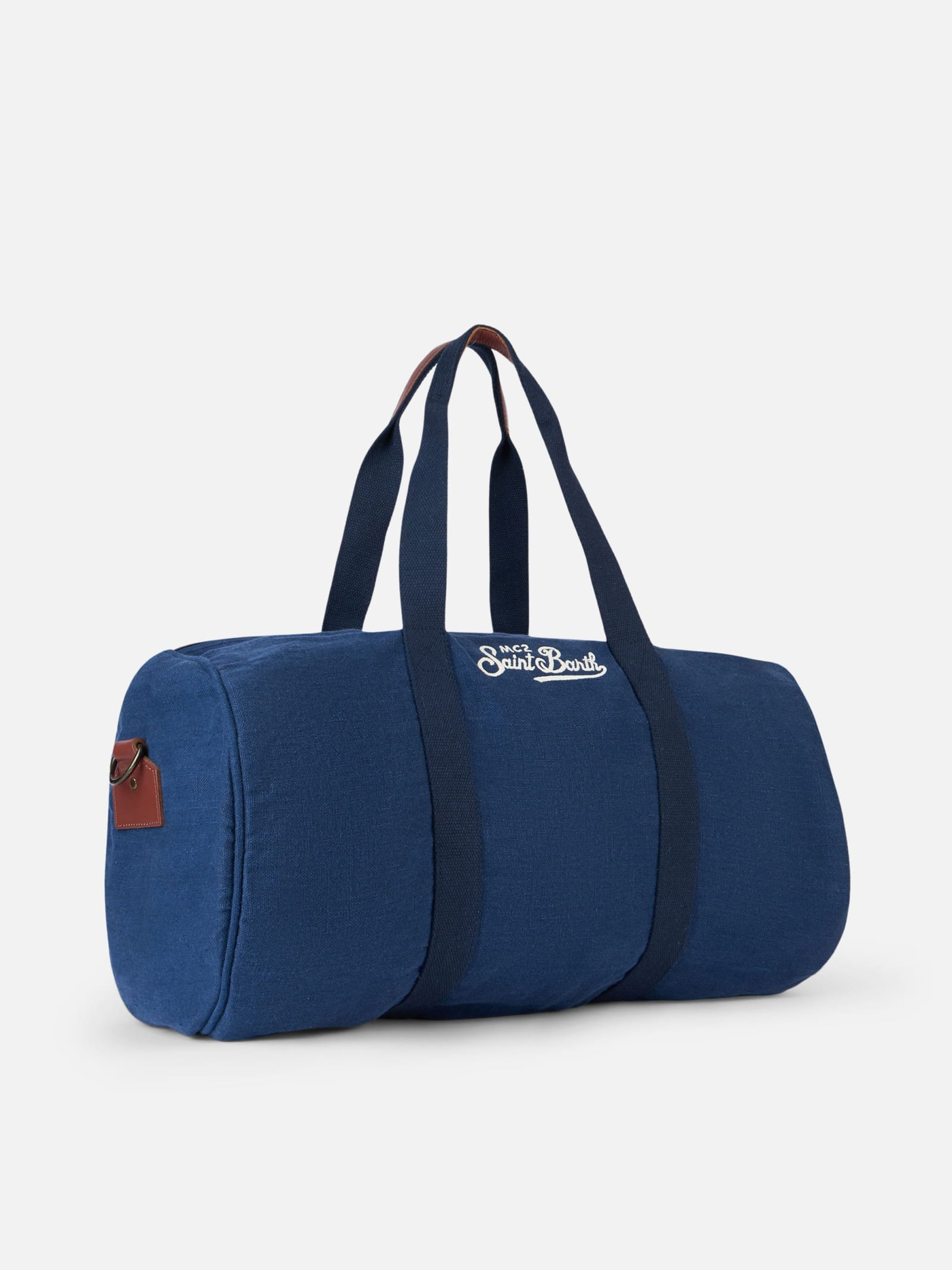 Shop Mc2 Saint Barth Blue Linen Travel Duffle Bag Jetleg