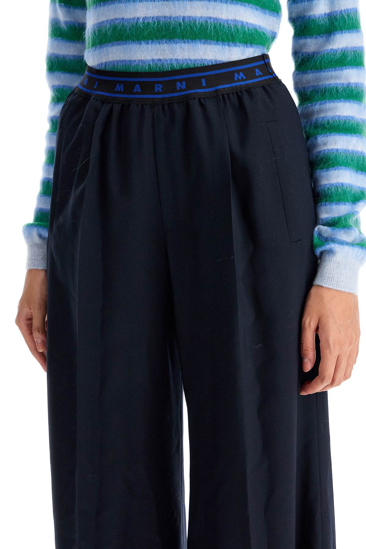 Shop Marni Tropical Wool Palazzo Pants For In Blublack (blue)