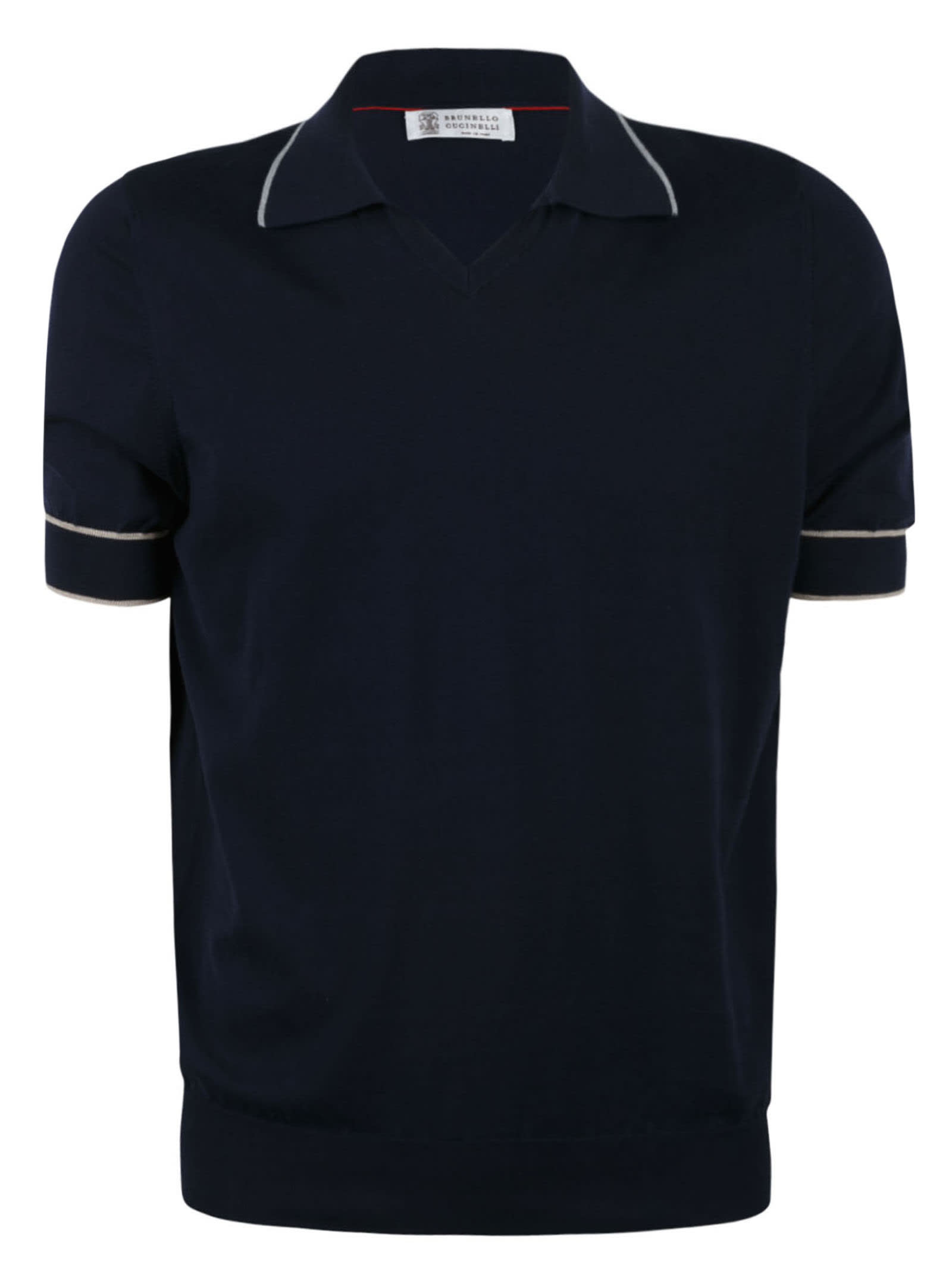 Brunello Cucinelli Rib Trim Stripe Detail V-neck Polo Shirt