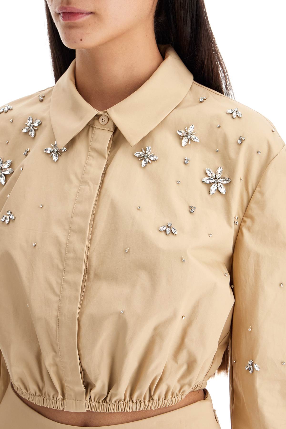 Shop Self-portrait Cropped Shirt With Crystals In Beige (beige)