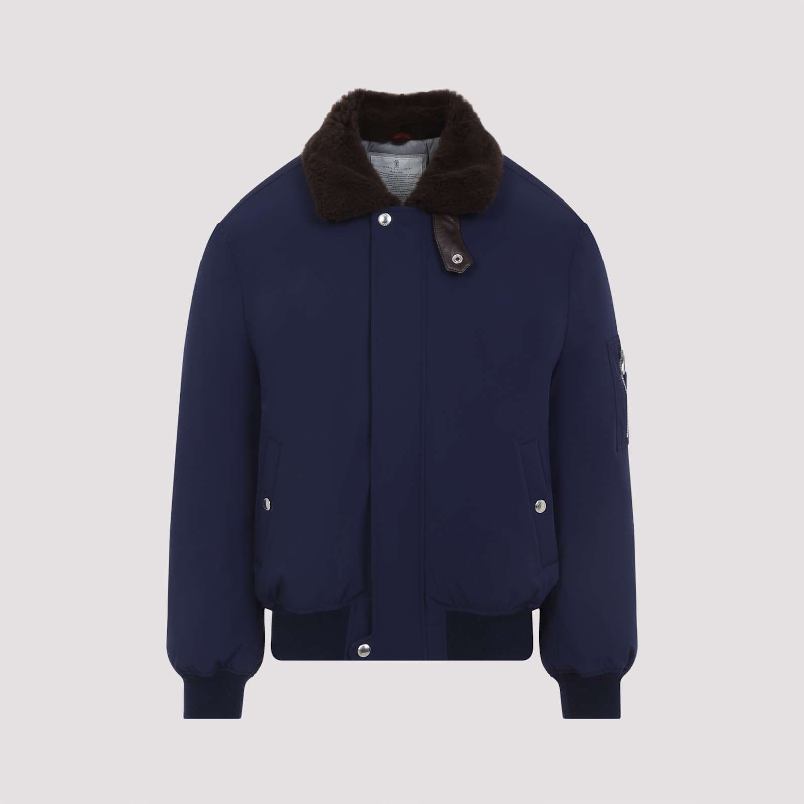 Brunello Cucinelli Tailored Feather Down Jacket With Sheepskin Collar In Blue