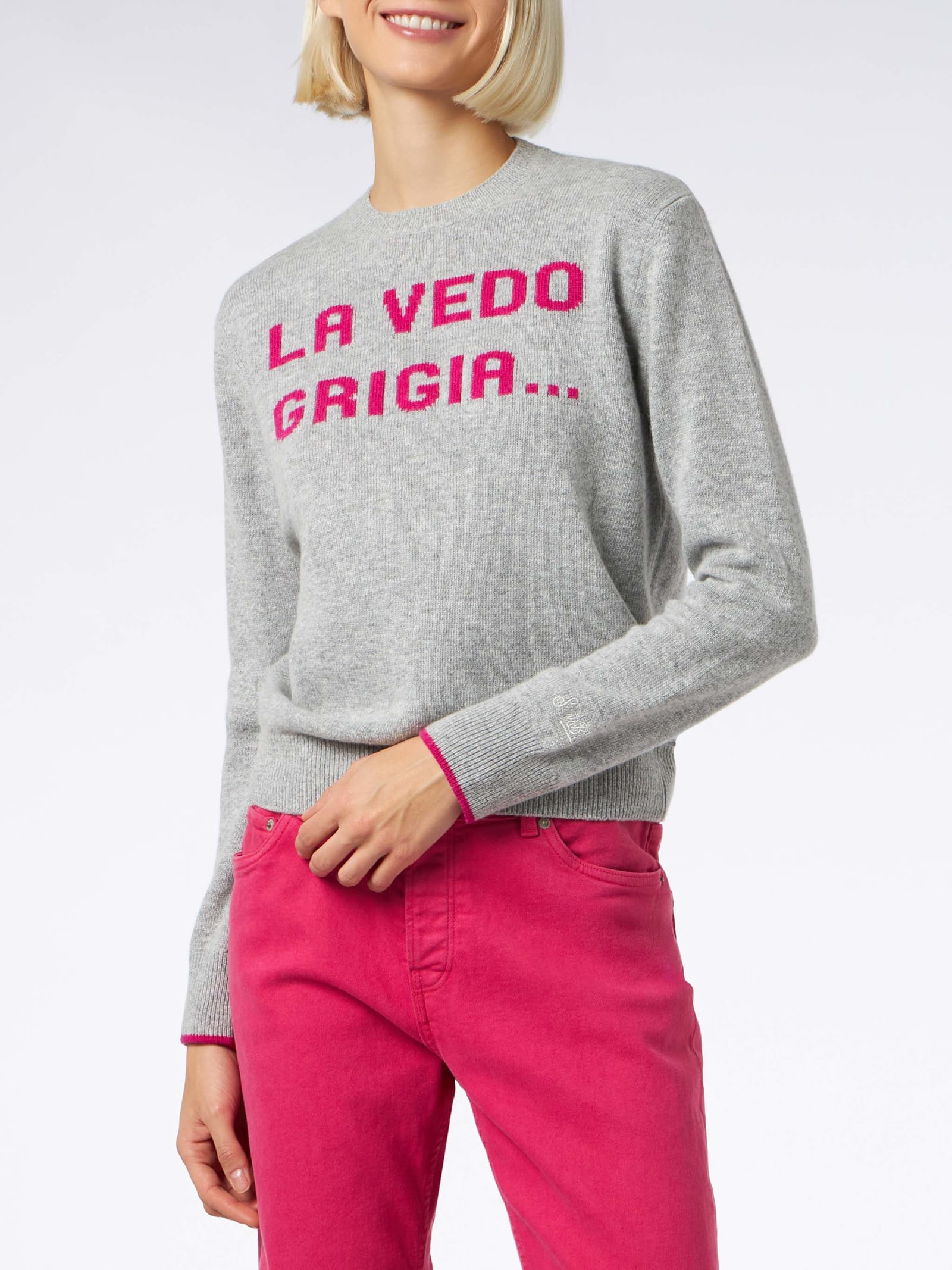 Shop Mc2 Saint Barth Woman Crewneck Grey Sweater With La Vedo Grigia... Print